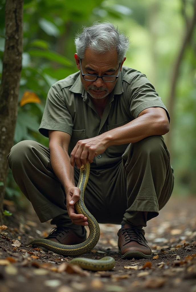 An Indonesian man is sitting squatting wearing his pants down, a cobra snake sticking out of his pants, in front of a Javanese village house.
