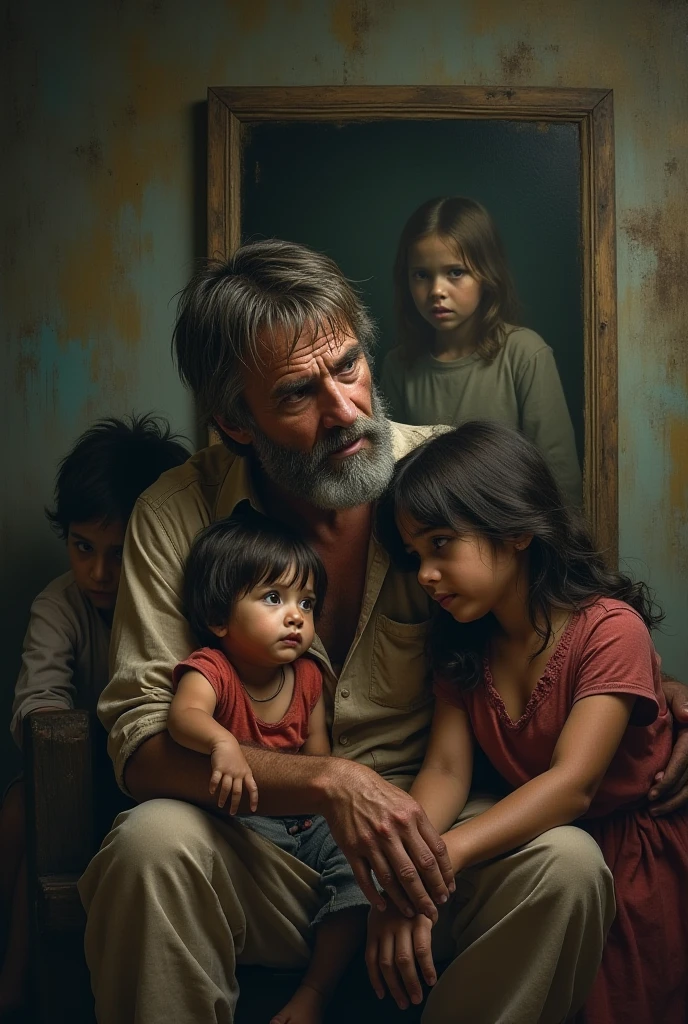 Create a image of a man sitting on a worn-out wooden bench, surrounded by the humble belongings of his small family. He has a kind face, with deep lines of struggle and hard work etched on his forehead. He's dressed in tattered but clean clothes, with a look of gentle exhaustion. Next to him, his two young daughters, aged 6 and 8, sit close together, holding hands and looking up at their father with big, innocent eyes. The older daughter has a faint smile, while the younger one looks curious. Th