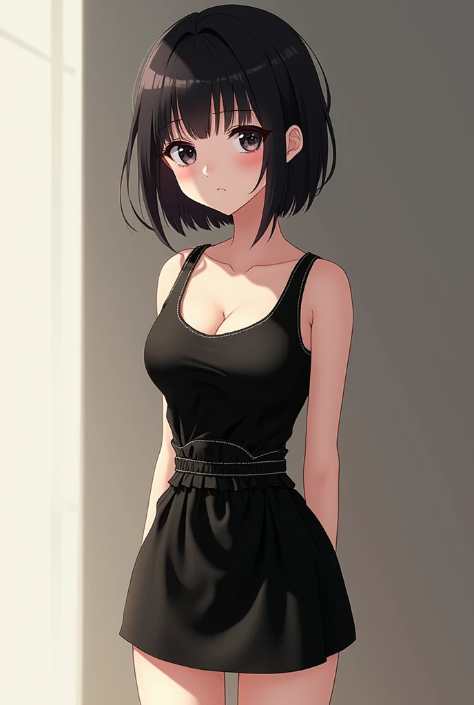 Asian woman in her fifties wearing a black top sitting on the stairs, Yoshitomo Nara, Chiho, With a cute - lovely - face, harumi, Girl cute beautiful face, She is wearing a black tank top, Short hair, Cute young woman, Young Gravure Idol, realistic Young Gravure Idol