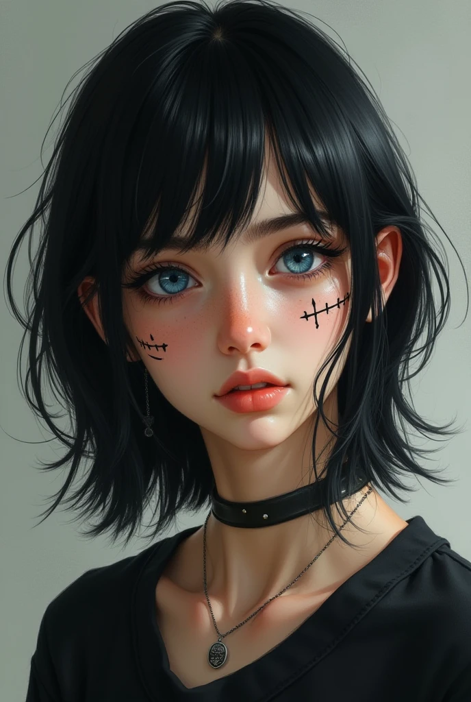 Killer covered in blood,portrait of a beautiful woman,alone,20-year-old,Beautiful Face,Upper Body,Hair on one eye,Short Bob, Blue Hair, Sharp focus,10 fingers