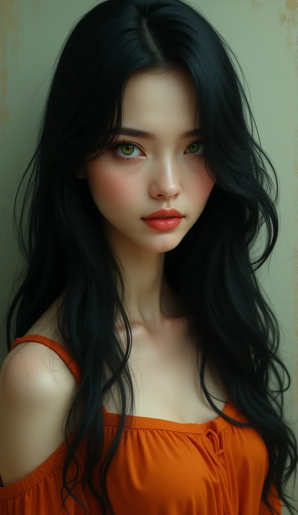 (masterpiece:1.4, best quality), (intricate details), unity 8k wallpaper, ultra detailed, beautiful and aesthetic, perfect lighting, (1girl), (black hair, green eyes, medium breasts),, dynamic pose, dynamic angle, lipstick, slim, medium breasts, detailed background, realistic, solo, perfect detailed face, detailed eyes, highly detailed, rolling_eyes, cross-eyed, oriental