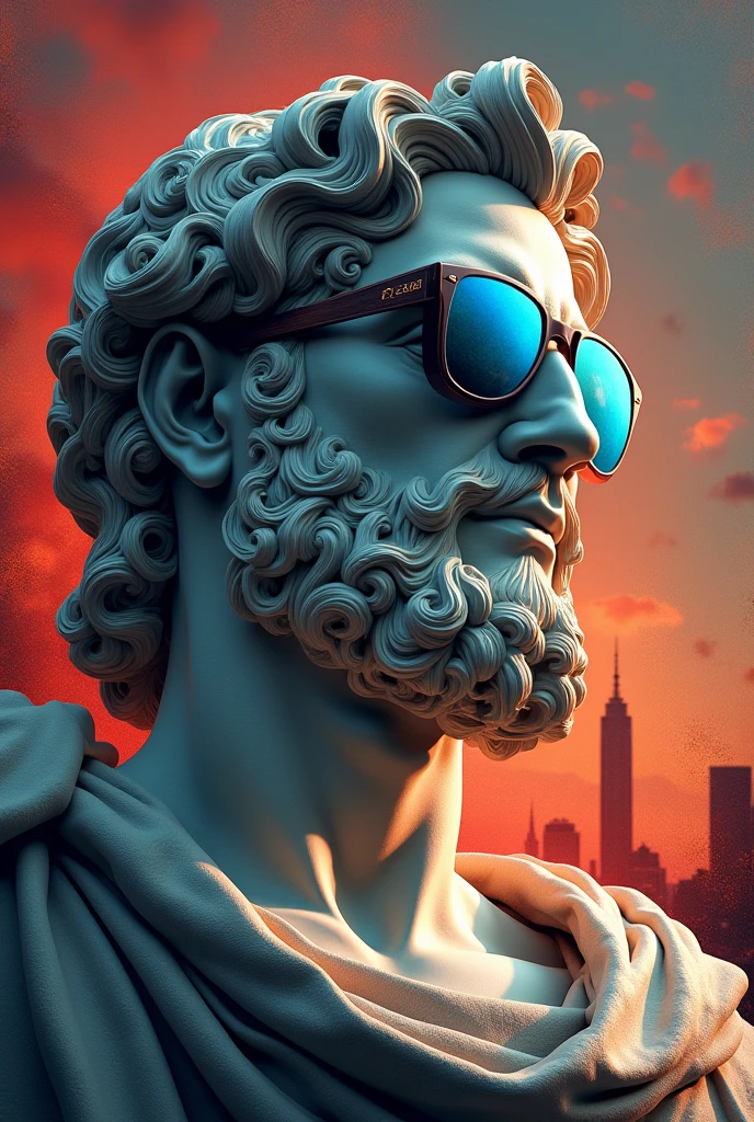 muscular latino curly haired man with beard and sunglasses in greece in different animation styles