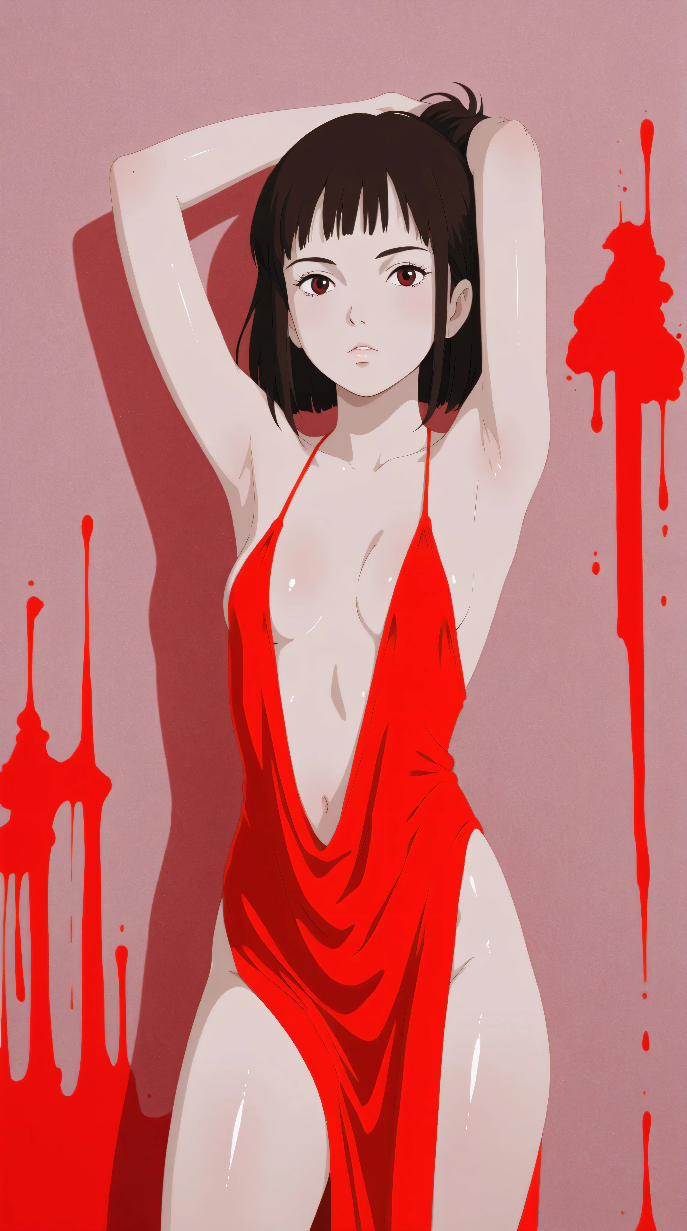 Kizi,Highly detailed, Amazing work,Vitreous luster,((clean backdrop)),In black,(((red colors))),white color,Best quality at best,clean backdrop, shiny skin, goth, plunging neckline, small breasts, cleavage, ghibli,