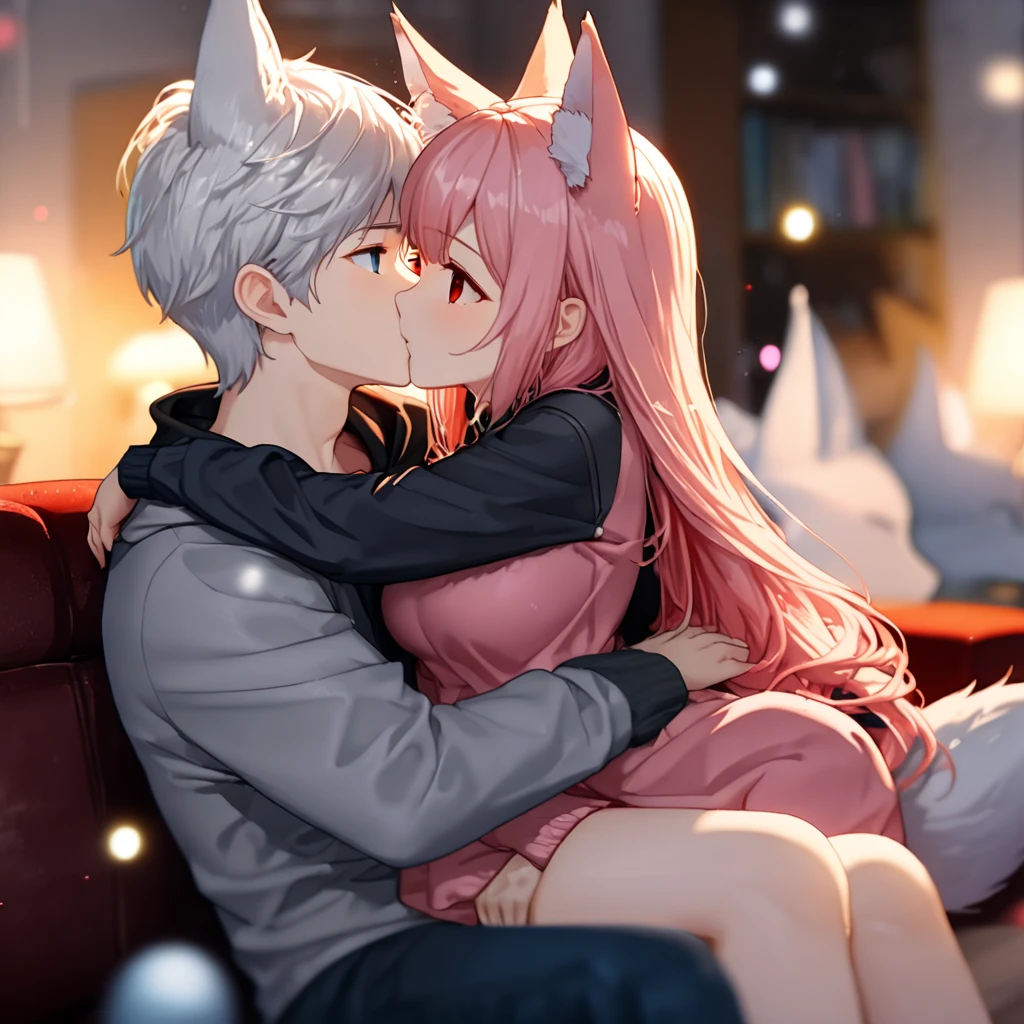 Woman with long pink hair and fox ears she got blue eyes, BREAK a Man with short white hair and foxears he got red eyes, Fucking, Naked, Pussy, Kissing