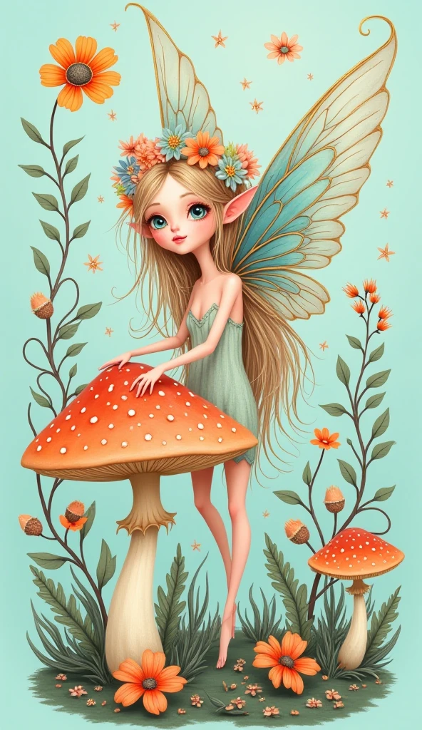 Beautiful tiny fairy sitting on a snail,in a magic background,flowers,vines,grass(high quality),(refined details),(art work)