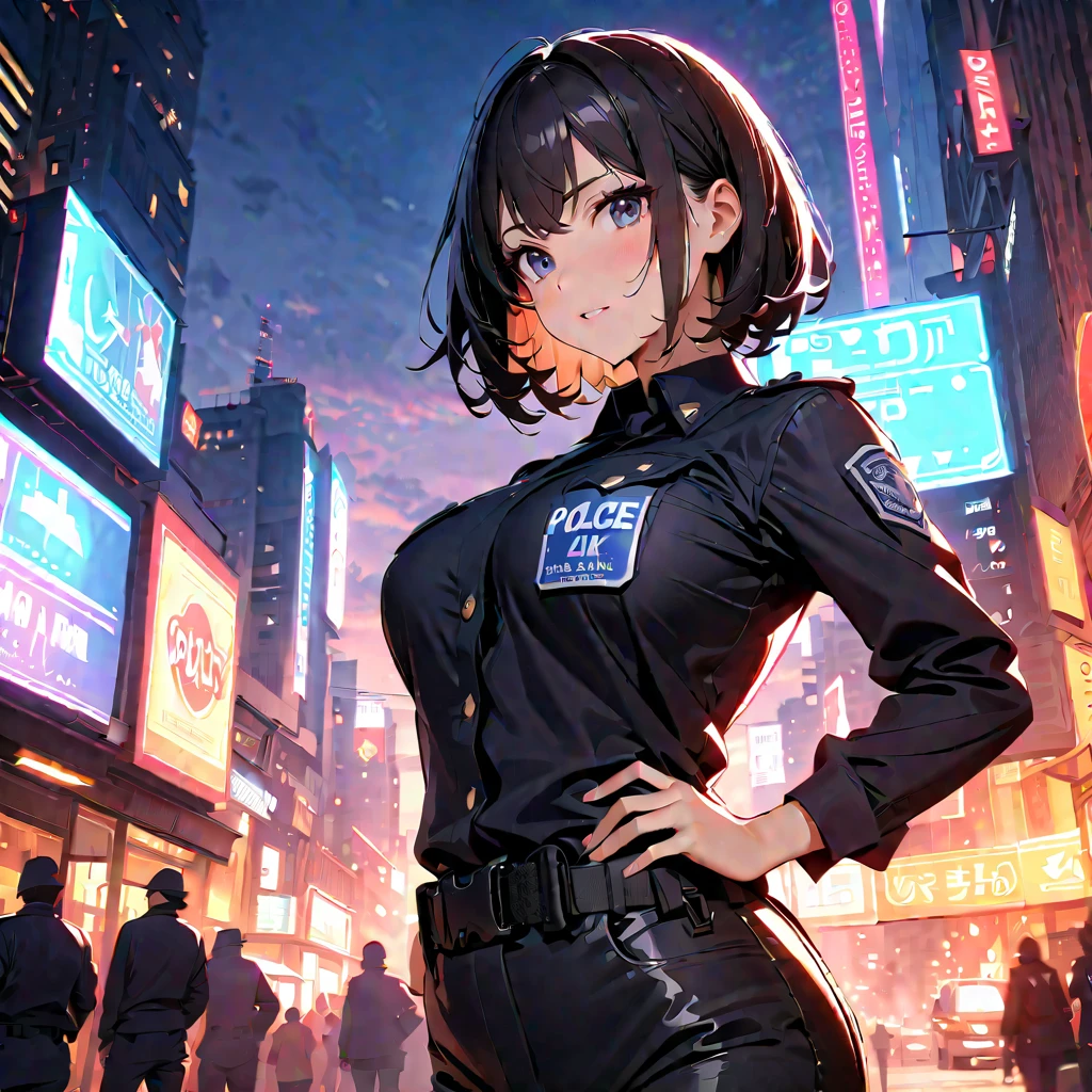 Brave policewoman, in a black leather outfit, tight to the body, with a shiny badge on the chest. You can see fatigue in his eyes, but also determination and perseverance. It stands in the middle of a deserted and gloomy street, with tall buildings around, creating an atmosphere of imminent danger. The dim lights of the city cast mysterious shadows, revealing only a few details: puddles of water on the street, wet from recent rain, A flash of neon, reflected in the windows, The danger sign flashes red. The setting conveys a sense of urgency, as the policewoman looks directly at the viewer, We are ready to face any challenges, who stand before them.