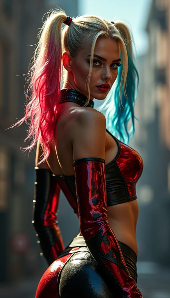 a portrait of a beautiful young lady with the apearance of harley quinn exhaling thick creamy smoke from her open mouth, smoke drifts in the summer sun. She has thick long blonde hair tied in twin bunches with pink and blue ends and she is wearing a black and red leather outfit. Taken by professional photographer using a canon 5D mark 3. Extremely detailed and colourful --ar 2:3 --v 6.0 --style raw --s 750