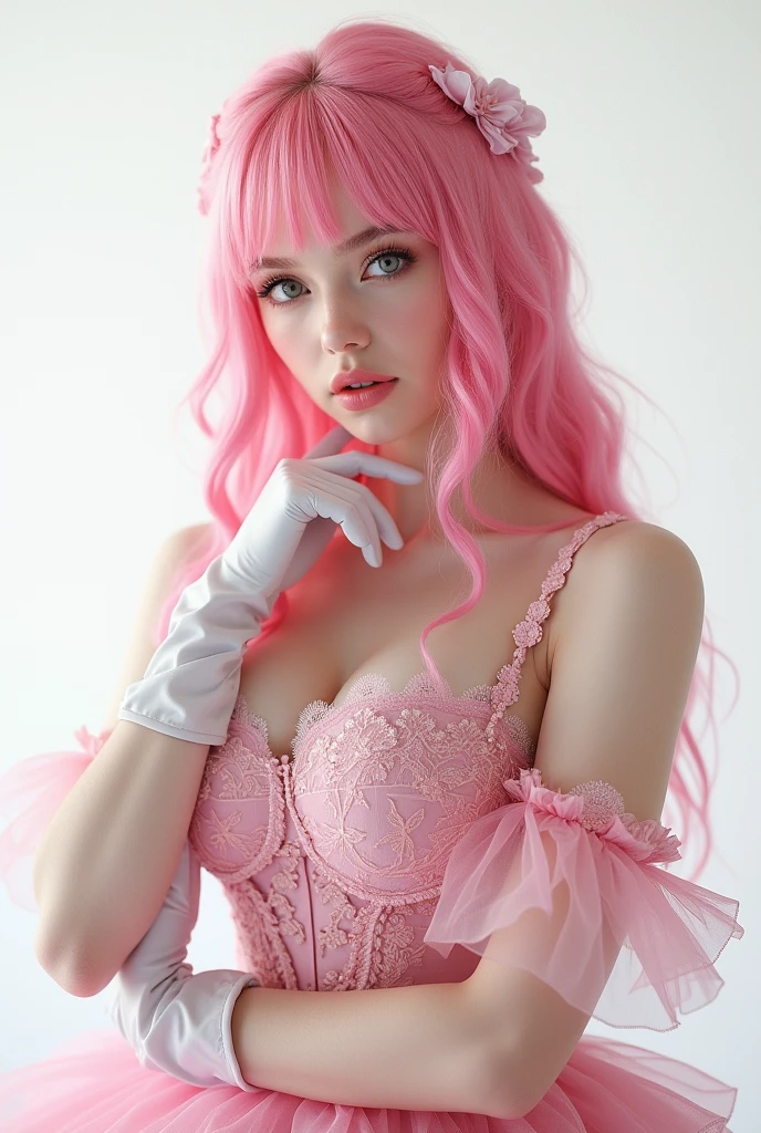 (8k, highest quality, masterpiece:1.2), (Realistic, Photorealistic:1.37), Super detailed, One Girl, (Very detailedな), (Beautiful and detailed eyes), (highest quality), (Very detailed), (masterpiece), (Detailed face), 20-year-old, 1 girl, ((Pink Hair, Long Hair)), Medium chest, Dressed, Perfect lighting, break (Cute Bodysuits:1.5), (Pastel Pink:1.4), (White polka dots:1.4), (spandex:1.3), (Smooth texture:1.3), (Tight fit:1.4), (high cut leg:1.3), (Ruffles on chest and waist:1.4), (Lace details:1.4), (Small ribbon:1.3), (Pastel Pink knee-high socks:1.4), (White lace trim on socks:1.4), (Pastel Pink ballerina flats:1.4), (White ribbon accents on shoes:1.3), (Pastel Pink minimalist choker:1.3), (Simple white stud earrings:1.3), break (Upper Body:1.3), (Pink long wavy hair:1.5), (smile:1.4), (I narrowed my eyes a little.:1.3), (tilt your face slightly to the right:1.2), (Place your left hand on your hip:1.3), (Right hand relaxed:1.2), (Pastel Background:1.3), (Small white dots:1.2), (Soft natural light:1.4), (Warm atmosphere:1.3)

