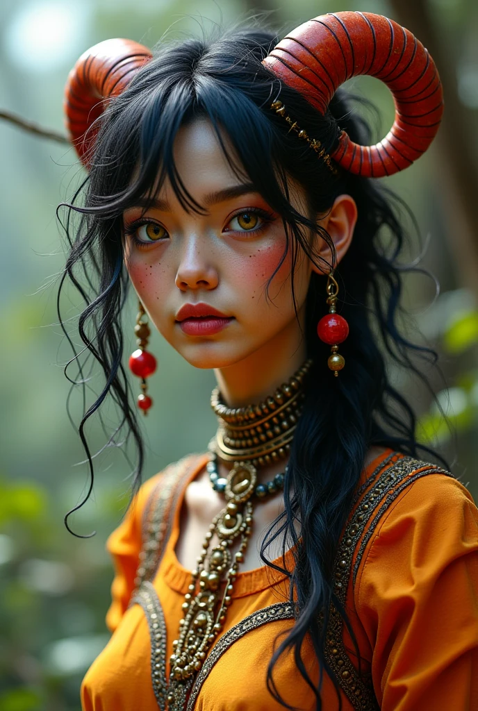 Myanmar traditional Net Spirit guide with Buffalo horn head black and red costume kind face female