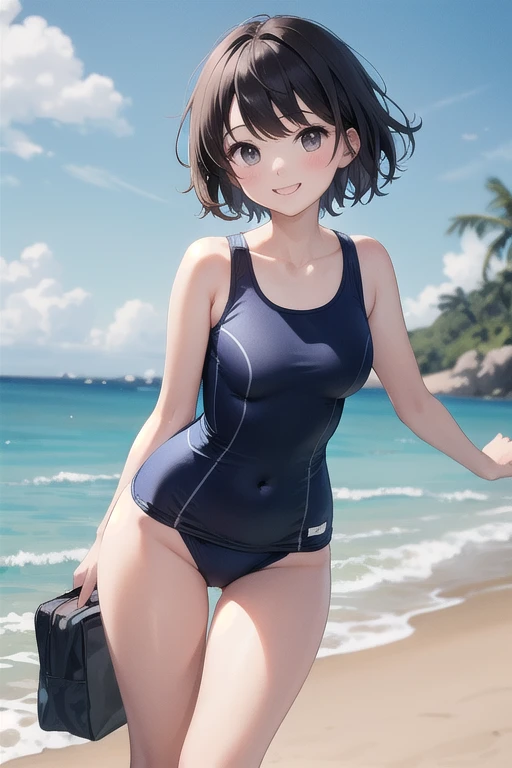 highest quality、Realistic、Chestnut Hair、Light blue eyes、Very Short Hair、One piece swimsuit、Tanned black body、A well-trained body、athlete、Tan、Brown Skin、slender、boyish、Sweat、smile、Ocean、Back view