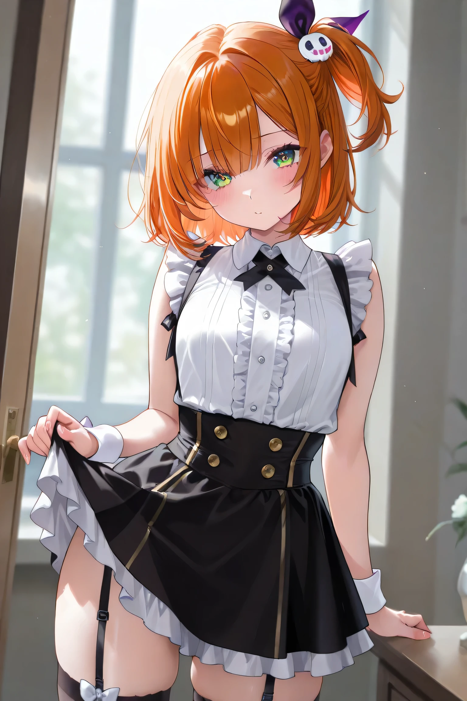one girl、 orange hair、Short hair and tie it on one side、Halloween cosplay、 bewitching look 、 best quality