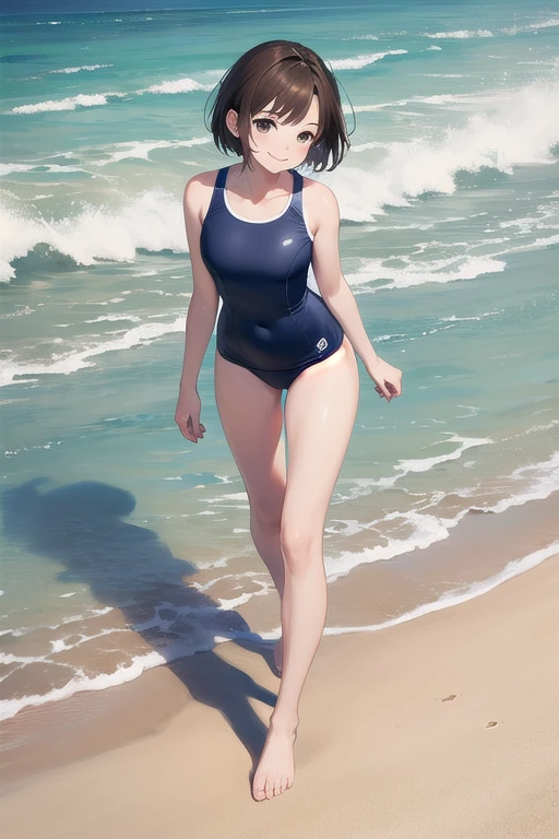 create a disney pixar movie featuring a full body of the girl wearing a black swimsuit,the hair of girl is short hair and the wrist of the girl having black pony tail while that hand is holding the hair while smiling in front of the camera, the back ground is beach and white sand, make it 3d image