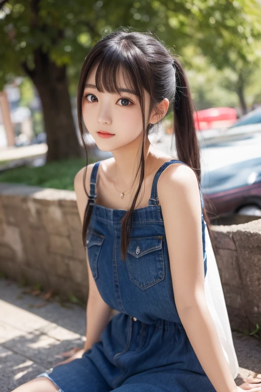 (RAW quality:1.4), (Highest quality,masterpiece:1.3,Ultra-high resolution),(Very detailedな、Caustics) (Realistic:1.4, RAW shooting、)Ultra-Realistic Capture、Very detailed、Natural skin texture、masterpiece、(Sequin tank top and short denim pants:1.3)、1 Japanese girl、Adorable expression、Expressions of happiness、14 years old、Young Face、Surprisingly cute、Twin tails、Curly Hair、Black Hair、Scrunchie、Earrings、necklace、light makeup、The Great Depression is about to burst、This photo was taken on a crowded street at night...、Shining thighs、Sit on a bench on the sidewalk、Shooting from the side、smile、An inviting gaze、Blurred Background, 