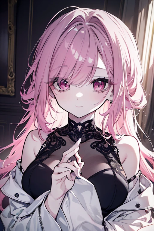 ,beautiful flower々),mole under eye, heart shaped choker, (masterpiece, highest quality), official art, beautiful and aesthetic: 1.2), (1 girl), very detailed, (geometry art: 1.3), colorful、Pink bob hair、rabbit ears、Idol