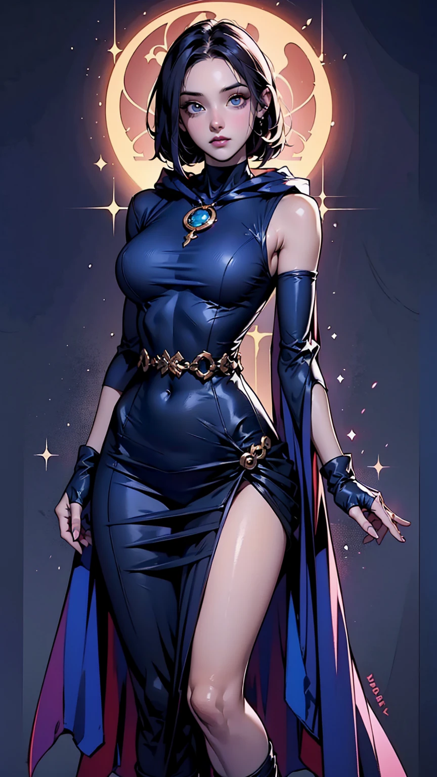1girl, cowboy shot of rvn, hotraven, pale skin, black leotard, turtleneck, tights, cape, hood, glowing eyes, gold belt, jewels, medallion, athletic, looking at viewer, night, dark forest, mist, fog, volumetric lighting, best quality, masterpiece, intricate details, tonemapping, sharp focus, hyper detailed, realistic