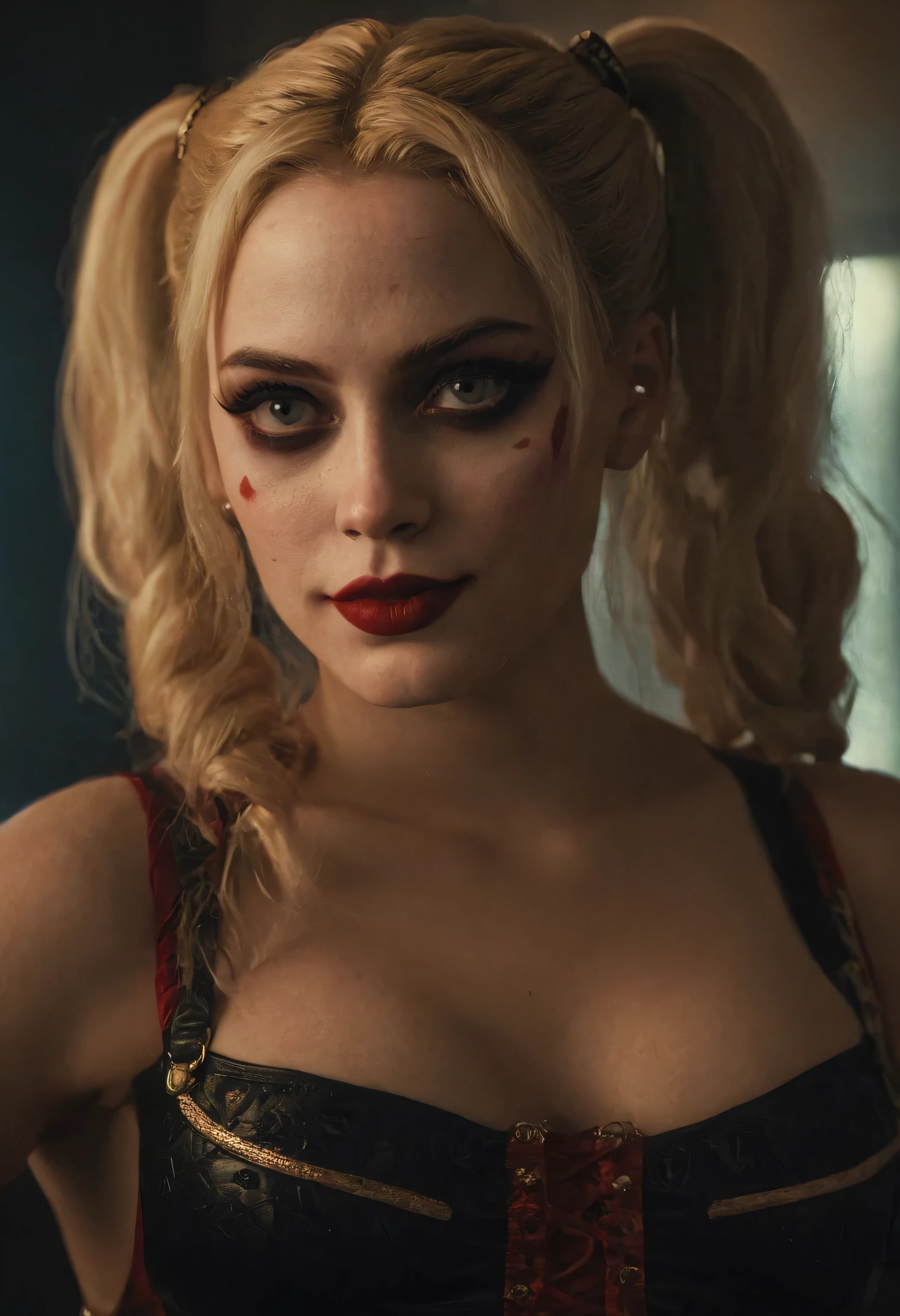 Harley Quinn, detailed realistic portrait, imperial style, sexy, AH Titian style, grinning, beautiful detailed eyes, beautiful detailed lips, extremely detailed face and features, long eyelashes, intricate hairstyle, dynamic pose, dramatic lighting, vivid colors, painterly, richly textured, cinematic, (best quality,8k,hyper detailed,masterpiece:1.2),ultra-detailed,(photorealistic,photo-realistic:1.37),dramatic chiaroscuro lighting,cinematic depth of field,exquisite rendering