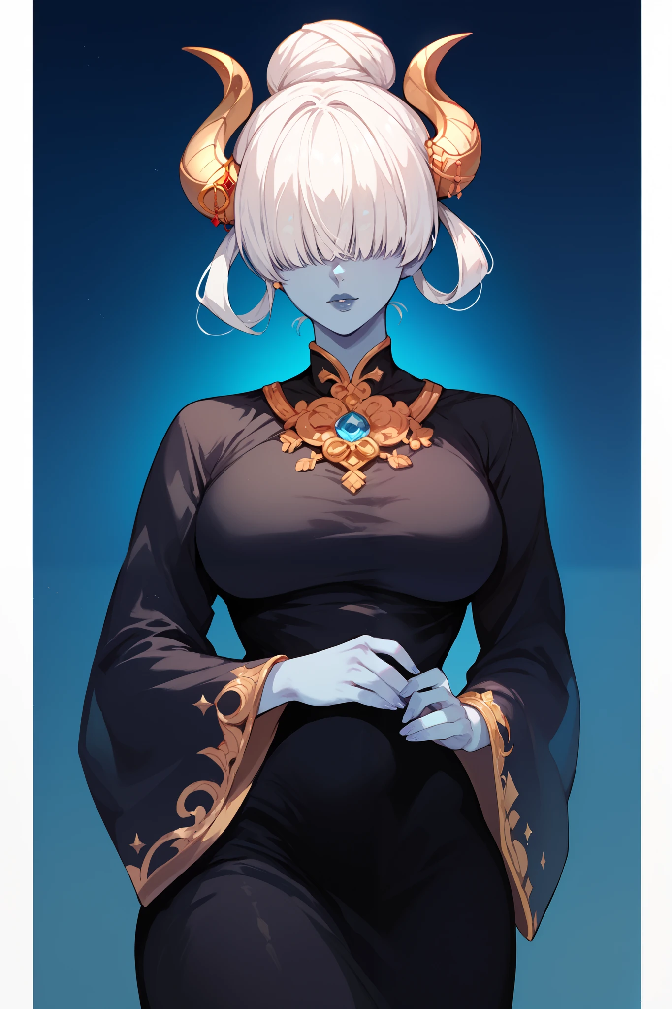 Mature Woman, blue skin, short hair, white hair, bangs, hair covering the eyes, golden horns,Hair jewelry, anime style,black dress,Front bun, hair rings