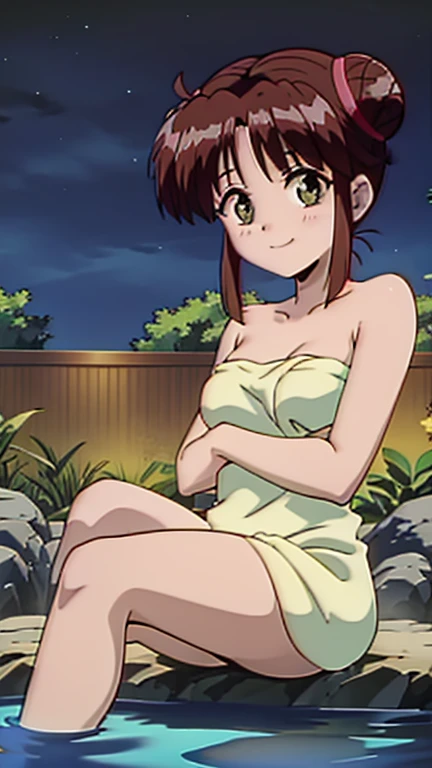 asakura_yume,Brown Hair,Normal chest,Aqua Eye,White skin,((woman1people)),(((An open-air bath filled with hot water at night))),((Bust up shot)),((Completely naked)),nsfw,((topless)),(((Nipples))),smile,Shut your mouth.,Look away