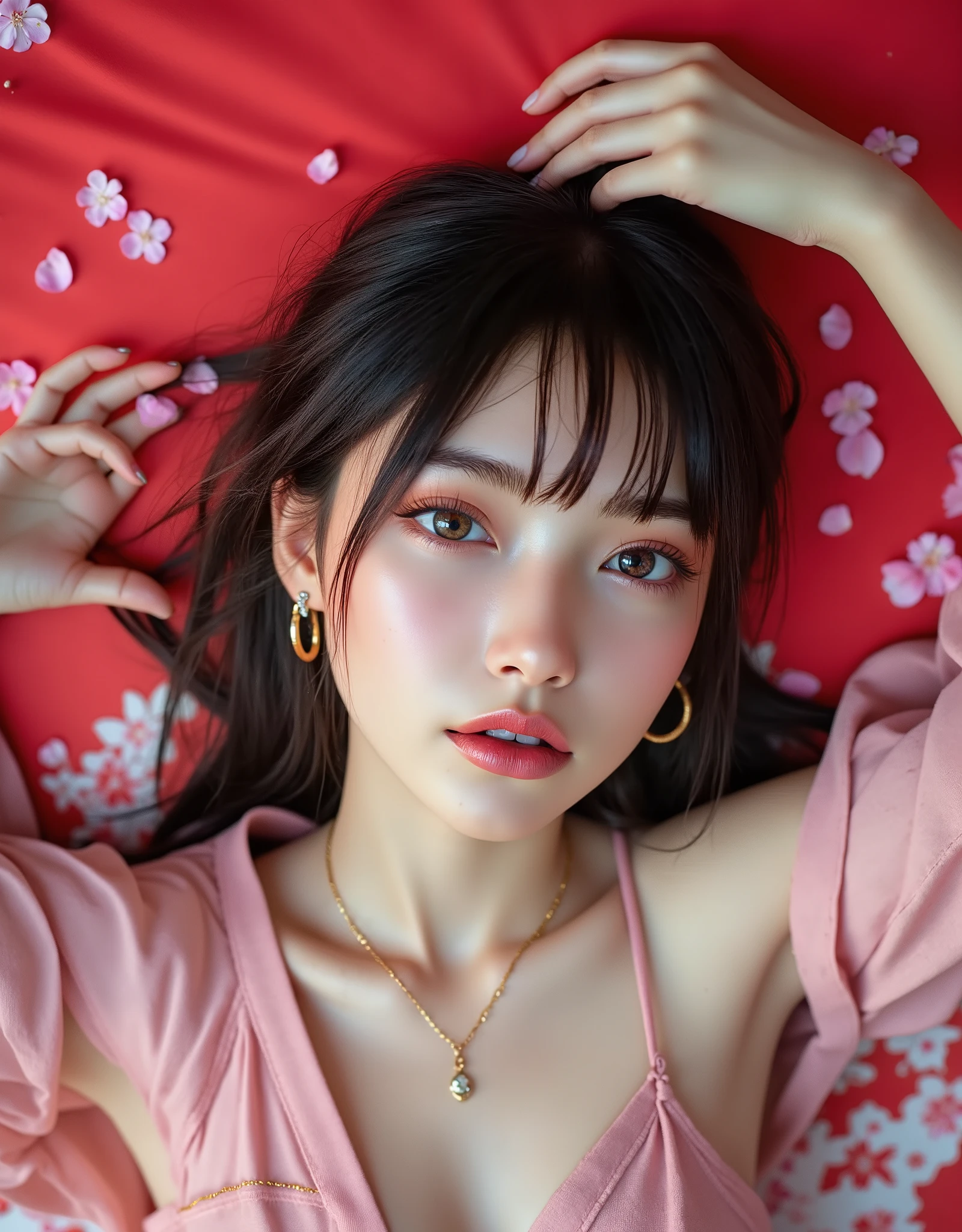 (Canon), (EOS R5), (50mm), (No lens flare :1.5), (超 high resolution), (masterpiece), accurate, ( realisticな質感の肌), more details, high detail, High Quality , Award-winning work , 最 High Quality , 32K, is written in depth, digital camera, Award-winning glamour photo , professional lighting so you can see all of your pubic areas, ((最 High Quality :1.5)), ((masterpiece:1.5)), (( realistic)), high resolution, (A very beautiful and cute Japanese woman), ((Aerial view from above :1.5)), (( upper body shot from head to knee :1.5)), ( full body shot:1.4), ((Beautiful and cute, 18 year old Japanese)), ((A very cute high school girl with a young look)), Beautiful, fluffy, medium-length black hair, very sexy , Fascinating Beauty , seductive pose , Height: 160cm, slim figure, Beautifully shaped bust , D Cup, ( very cute smile:1.5), (Alone:1.5), ( brown eyes:1.9), ( Detailed depiction of extremely realistic skin ), (Highly detailed, realistic eyes:1.9), (Very beautiful, long, realistic eyelashes), (Highly detailed, realistic eyebrows), (丸い brown eyes :1.8), ( beautiful catchlight on the eyes), (Realistic lips with moisture ), ( white realistic teeth arranged neatly), ( Beautiful and Detailed Face :1.6), (Hourglass body shape:1.6), (Wasp waist :1.5), ( Perfectly round and beautifully shaped bust :1.8), ( clearly contoured cheekbones :1.5), ( perfect style body :1.8), (Healthy body :1.8), (Narrow shoulders:1.9), ( staring at viewers ), ( seductive gaze ), (Beautiful, natural-looking hands), (Beautiful pink nails of a beautiful length), ( very cute smile:1.1), (Waist, I can see my stomach:1.4), (Realistic, natural visible belly button:1.4), (( Pretty fair-skinned woman lying on her back on a bright vermilion bed with beautiful realistic cherry blossoms scattered all over)), ((A bright vermilion bedspread with lots of cherry blossoms )), ((5 cherry blossom petals :1.5)), ((A pink pillowcase with a cherry blossom pattern)), ( her whole body is facing the camera ), Arms raised up 、 Beautiful and realistic underpants , his legs are stretched straight down , red lace lingerie, red lace bikini type bra , red lace bikini panties ,Realistic gold necklace, (( An off-the-shoulder pink cardigan )), Her expression is playful and attractive , soft lighting creates a romantic and intimate atmosphere , ( show your hands as little as possible ), accurate手の形, accurate手の指の形, accurate手の指の数,5 fingers on one hand , accurate脚の形, accurate足の指の形, accurate足の指の数, Five fingers on one foot