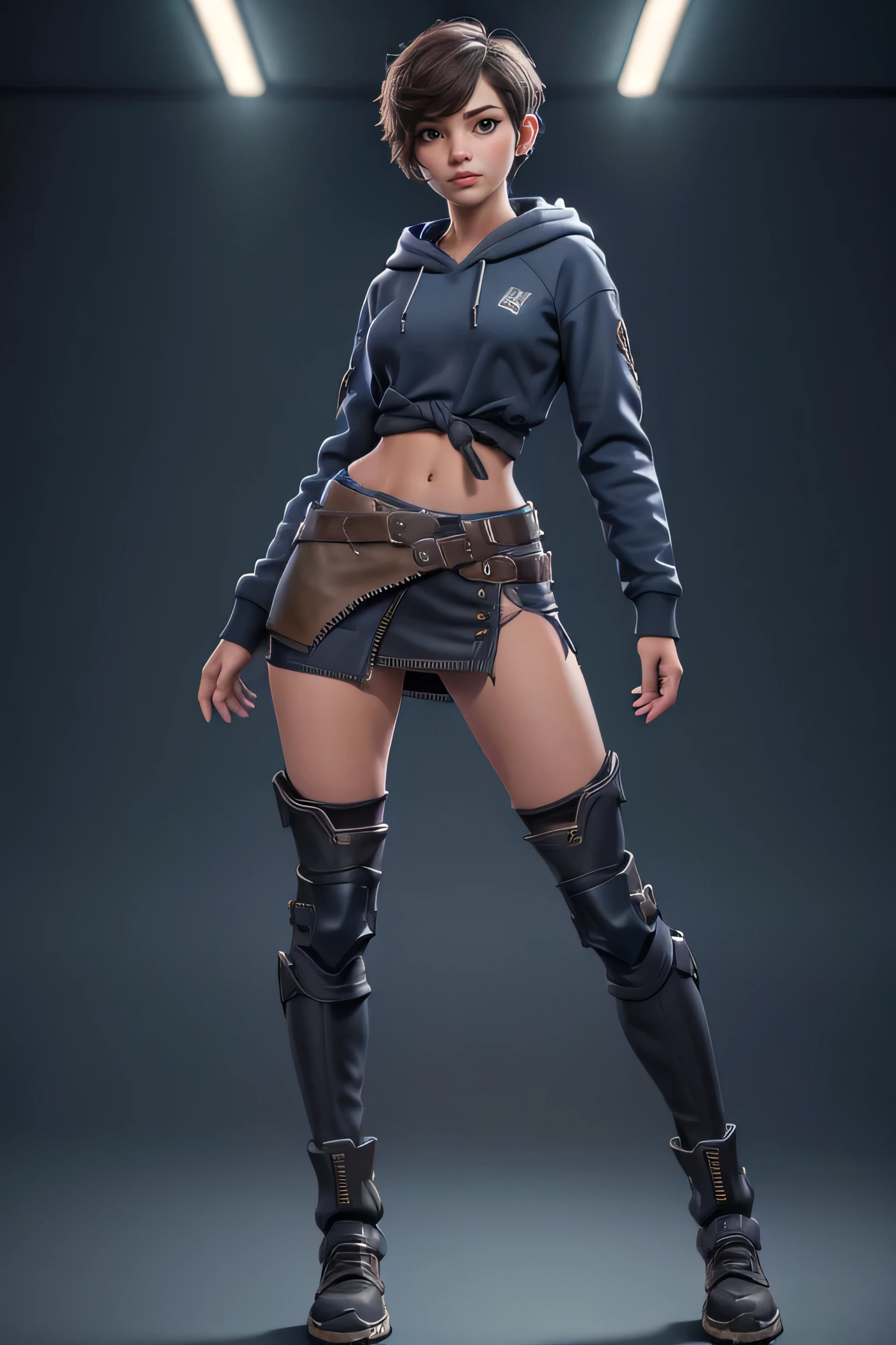 Young woman, short hair , blue top, Black miniskirt, Brown knee-high boots, gray hoodie tied at the waist, magnificent anatomy , Dynamic Pose , face to the camera, gears and bolts , mechanical engineering , composition epic character, Natural lighting, sharp focus, ultra resolution , bottomless.