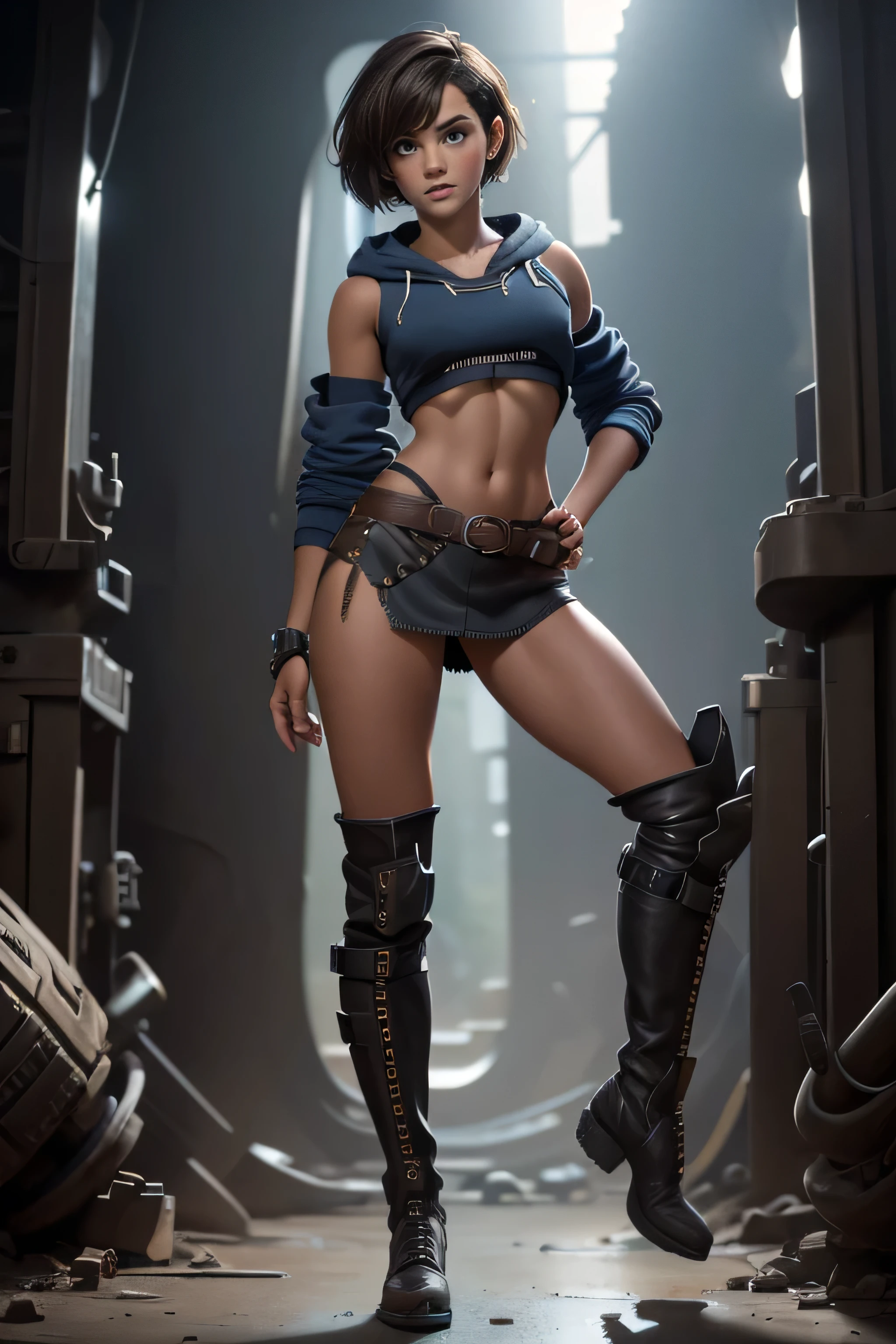 Young woman, short hair , blue tube top , Black miniskirt, Brown knee-high boots, gray hoodie tied at the waist, magnificent anatomy , Dynamic Pose , face to the camera, gears and bolts , mechanical engineering , composition epic character, Natural lighting, sharp focus, ultra resolution , bottomless.