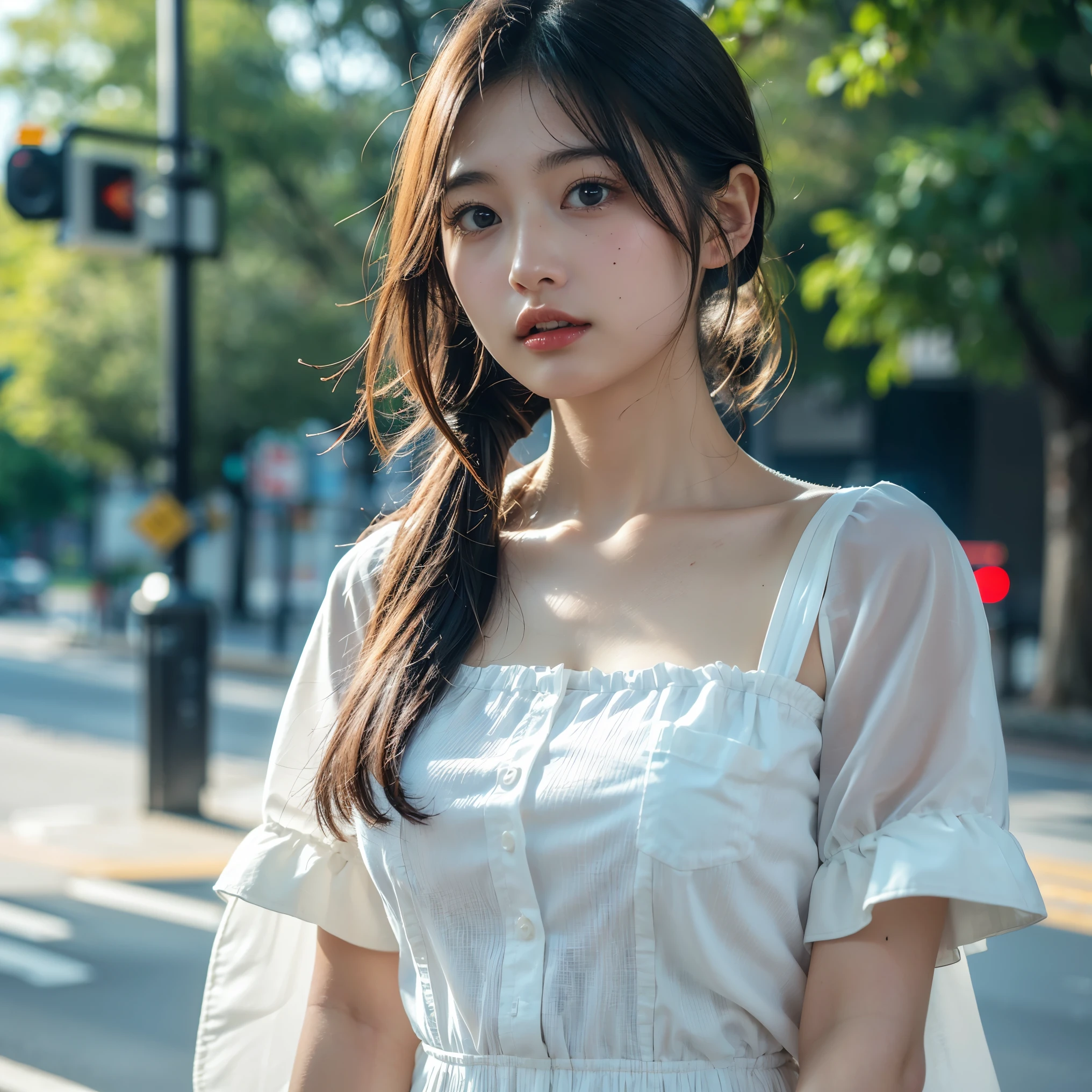best qualtiy， tmasterpiece， 1girll， beauitful face， （photograph realistic：1.3）， edge lit， （highdetailskin：1.2）， 8K, Ultra HD， digital SLR camera， high high quality， A high resolution， 4K， 8K， Bokeh， absurderes， Optimal proportions of four fingers and one thumb， （realisticlying：1.3）， Cute 1girl， dressed in a white t-shirt， mediuml breasts， Short white dress