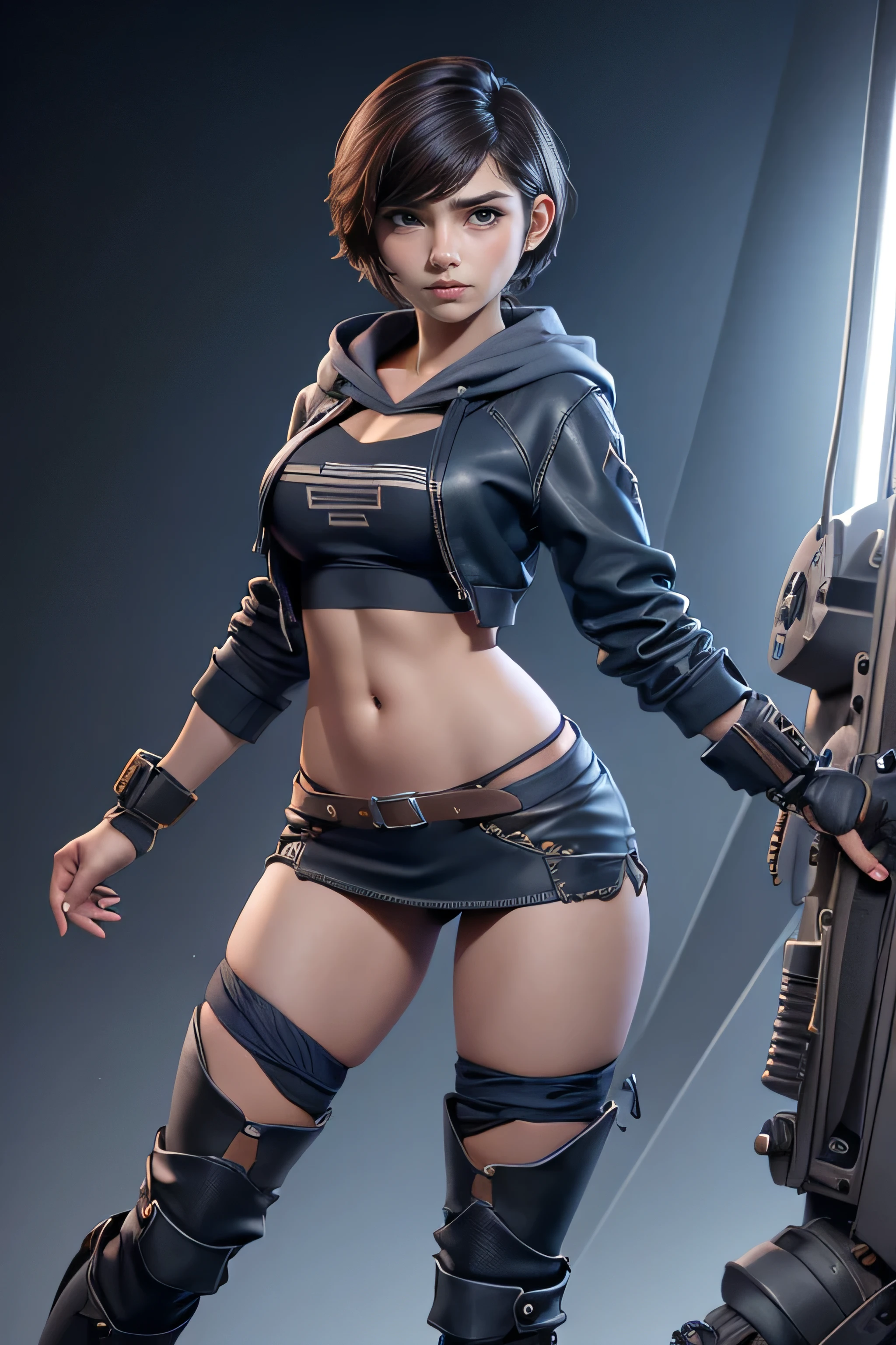 Young woman, short hair , blue tube top , Black miniskirt, Brown knee-high boots, gray hoodie tied at the waist, magnificent anatomy , Dynamic Pose , face to the camera, gears and bolts , mechanical engineering , composition epic character, Natural lighting, sharp focus, ultra resolution , bottomless.