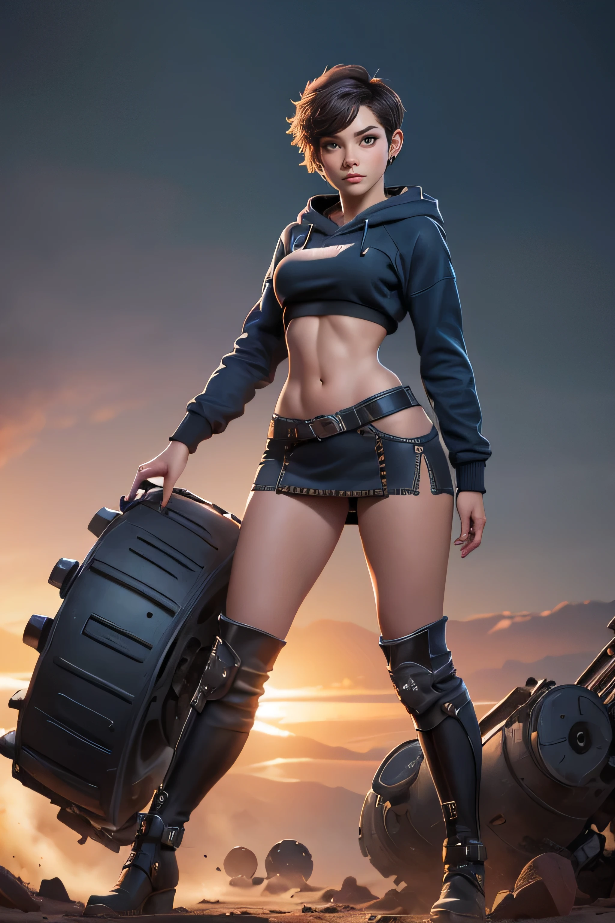 Young woman, short hair , blue tube top , Black miniskirt, Brown knee-high boots, gray hoodie tied at the waist, magnificent anatomy , Dynamic Pose , face to the camera, gears and bolts , mechanical engineering , composition epic character, Natural lighting, sharp focus, ultra resolution , bottomless.