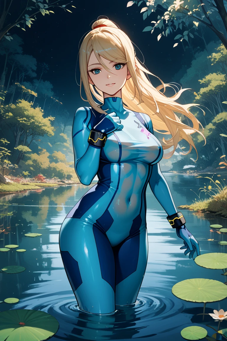 (anime,masterpiece, top quality, best quality,beautiful and aesthetic:1.2,professional illustrasion:1.1,ultra detail:1.3, official art, professional illustrasion, Ultra-detailed depiction, Ultra-precise depiction, extremely detailed 8k illustration, highres, ultra detailed painting, soft shadows), (girl), samus aran \(cosplay\), cool beauty, milf, glossy, (golden long hair), (ponytail), big breasts, perfect body, pubic hair, blue samus aran suit,