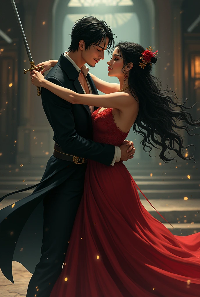 Male and female dancing tango with their bodies in full contact, man with fair hair, young woman with big breasts and hips and long legs, woman in red one-piece dance suit --auto --s2