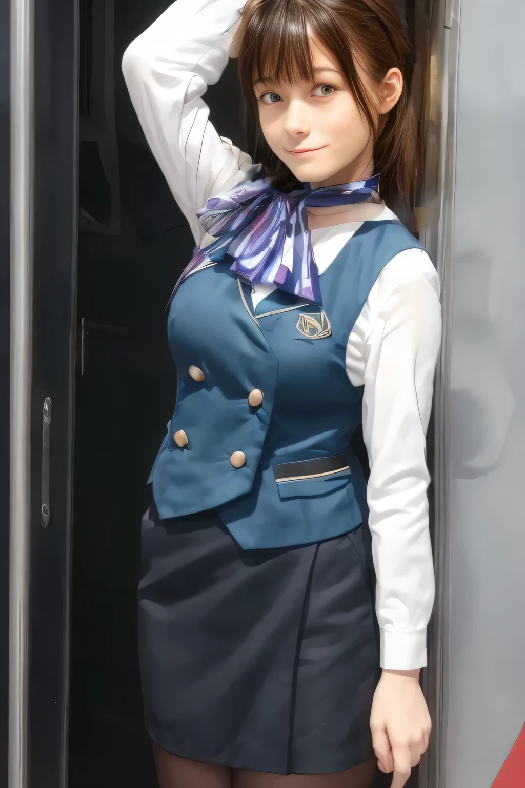 (Masterpiece:1.2,  best quality  :1.2), 32kHDR,  kampala, (Alone、  1 girl)、（what 、  Professional Light  ）、In-flight background、（ realistic style wearing a Nankai train crew uniform ）、（（  Nankai train crew uniform green vest  ））、（（  Nankai train crew uniform collarless white long sleeve blouse  ）） 、（（  Nankai Electric Railway Crew Uniform Black Curled Culotte Skirt 、 A scarf is wrapped around her neck  ））、  dark brown hair  、（  long hair、  collected hair 、  collected hair ）、  dark brown hair  、  long hit  、Big Breasts 、Thin legs、（（ Amazing hands  ：2.0）），（（ harmonious body proportions ：1.5）），（（Normal limbs：2.0）），（（The usual ：2.0）），（（  Delicate Eyes ：2.0）），（（Normal eyes：2.0））)、smile、（ beautiful figure wearing a Nankai train crew uniform ）、Hands folded under the body  、 And I'm not wearing a hat 
