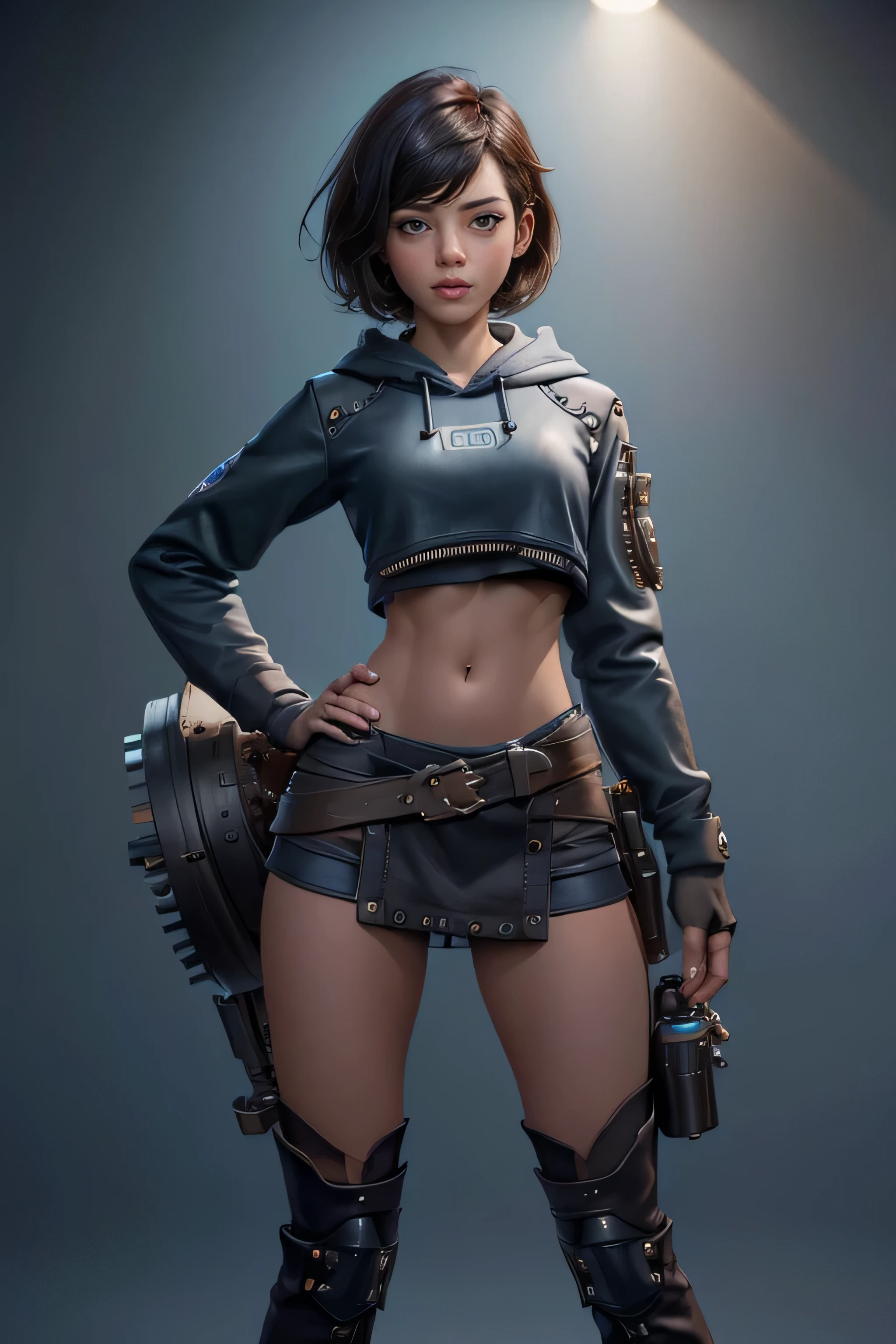 Young woman, short hair , blue tube top , Black miniskirt, Brown knee-high boots, gray hoodie tied at the waist, magnificent anatomy , Dynamic Pose , face to the camera, gears and bolts , mechanical engineering , composition epic character, Natural lighting, sharp focus, ultra resolution , bottomless.