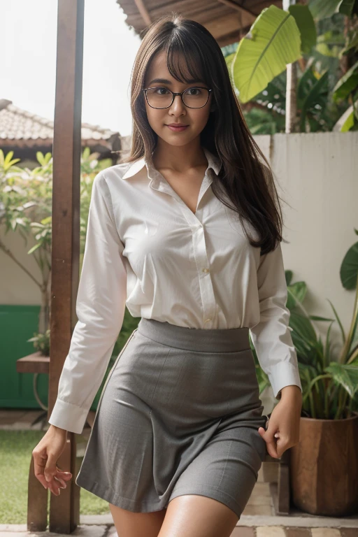 A sweet beautiful young Bogor city girl, 17 years old, sweet georgeus round childish face, white pale skins, big wide forehead, cute hawk type little nose, big round eyes,  dark big mole under her eyes, very slim little  body, slim legs, very slim buttock, straight neck short slim  hairs, dark brownish small mouth, sensual thin uper lip, sensual heavy lower lip, small size teenage breasts, descent mixed from sundanese and javanese,  shy and quite type girl, her name is Salma, sweaty thin straight medium black hairs with a bangs, standing cheerful  spread legs at her home yard, wearing white buttoned thin Indonesian long sleeve buttoned school shirt, wearing grey kneel long skirt,  sun shine shining to all  her body,, sweat on all her skins and hairs, sweaty face, cute sweet smiling to us, wearing glasses,