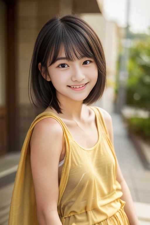 Lens: 135mm f1.8, (top quality), (beautiful 17-year-old Japanese girl), (moisturized lips), narrow eyes, double eyelids, delicate collarbone, flat chest, smile, (spotted Sunlight: not 1.2), Professional lighting, (Small figure), (Tanned skin: 0.2), Full body photo, ((Full body focus)), (Kneeling), Neat honor student, Gradual body, (White T-shirt: 1.5), various hairstyles, sunny summer sandy beach, very, very small breasts, underdeveloped breasts, very cute, very young, carrying a shoulder bag across the body.
