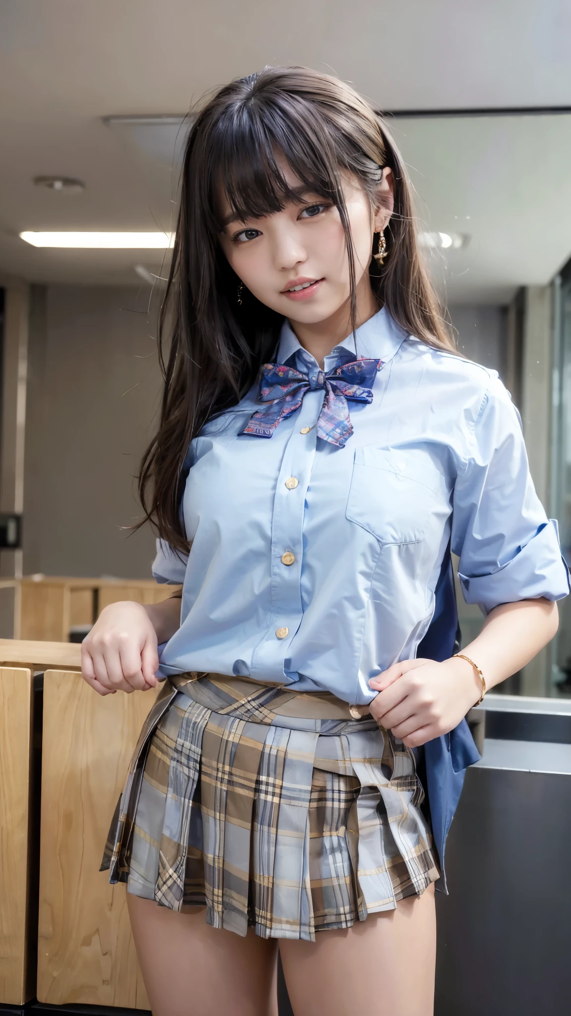 (Highest quality, 4K, High resolution, masterpiece, Genuine, Realistic, Realistic:1.3), (upper body), Girl standing in a school changingroom and touching skirt, blue bow tie uniform, Dark Blown Blazer, blown plaid skirt, Ear piercing, Gal Makeup, wearing white collared shirts, ((Blonde hair, mushroom-hair:0.4)), Gold Necklace, Gold Bracelets, grin, Gold chain19--old,ngs,A small smile,Thighs, knees, From below, having pinching skirt:0.7, open legs:0.8,