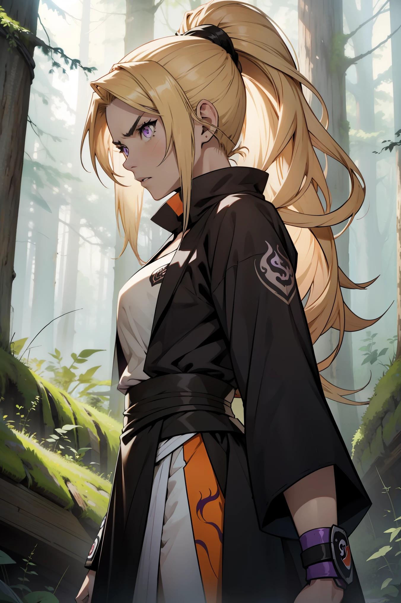 create for me please an anime artwork style hd 8k resolution a female japanese protagonist character inspired by the naruto art style. she is a woman who has blond long hair in a high ponytail, she has purple, fierce and intense eyes and a confident expression on her face. she wears a black mid dress, with a coat that is purple inside and white on the outside, she is posing heroicaly in a green forest with huge trees