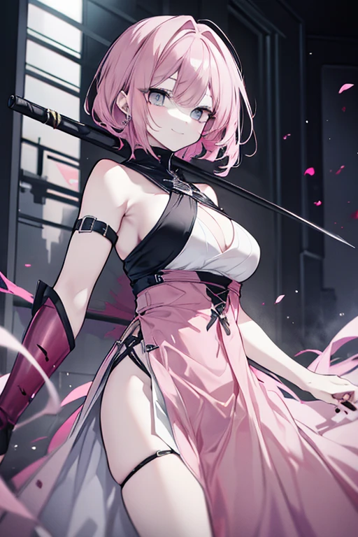 4K,High resolution,one woman,pink hair,short ponytail,green eyes,big breasts,ninja,ninjaの服,side boob,Japanese sword,japanese village