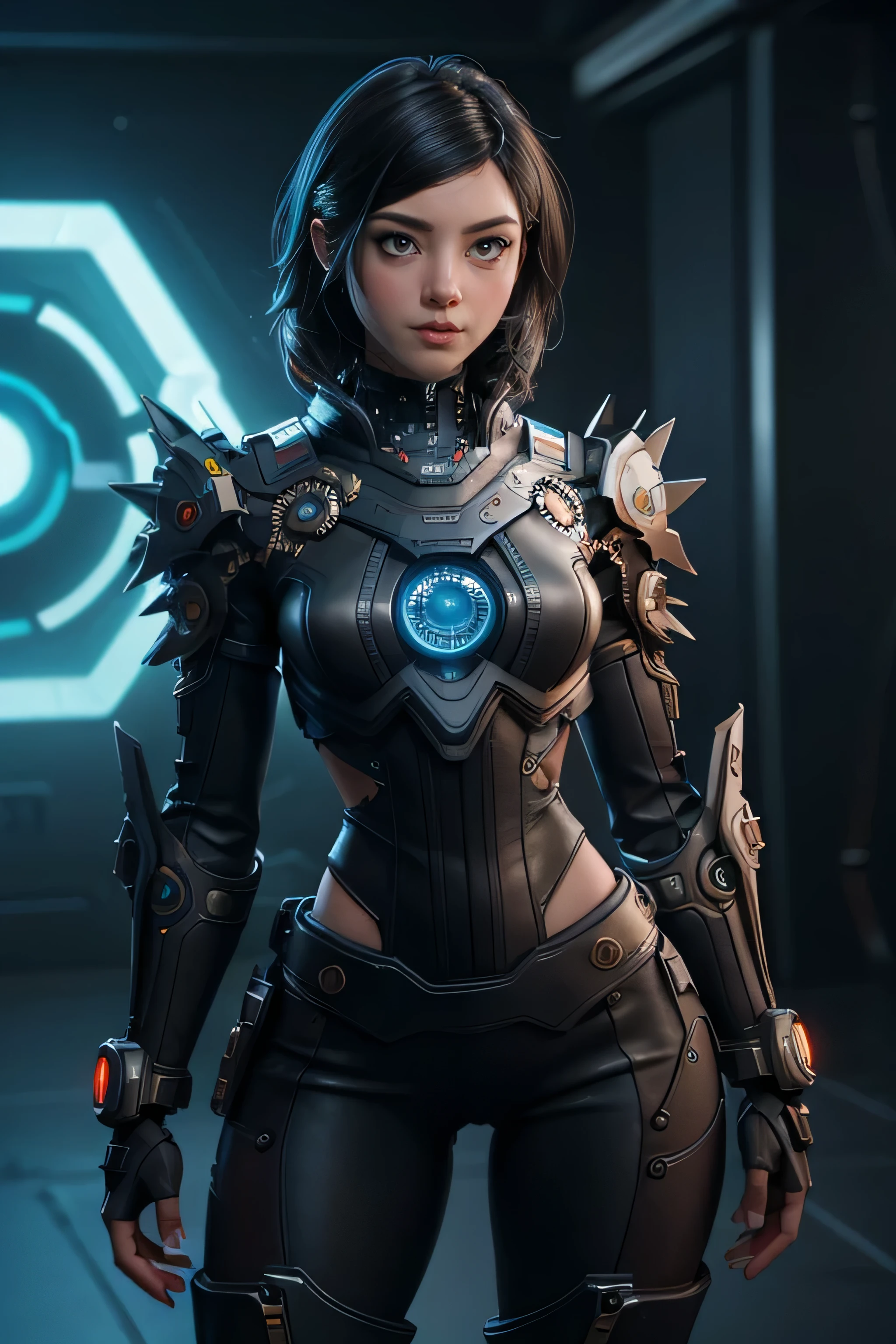 Woman futuristic costume , black hair , cyberpunk, magnificent anatomy , Dynamic Pose , face to the camera, gears and bolts , mechanical engineering , composition epic character, Natural lighting, sharp focus, ultra resolution , bottomless.