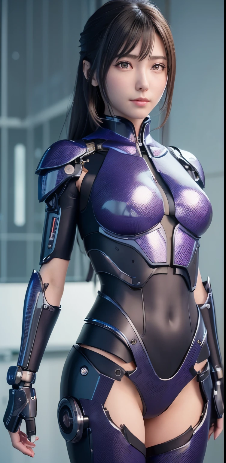 3dmm style,a portrait of a giant [seductress|babe] , science fiction, [(crNanosuit|War_Glam)::0.5], [power armor|armor] ,armored, wearing [(crNanosuit|War_Glam)::0.5]_breastplate, perfect face, pretty face, purple eyes, purple hair, very short hair, flat chest, lush detail, absurdres,