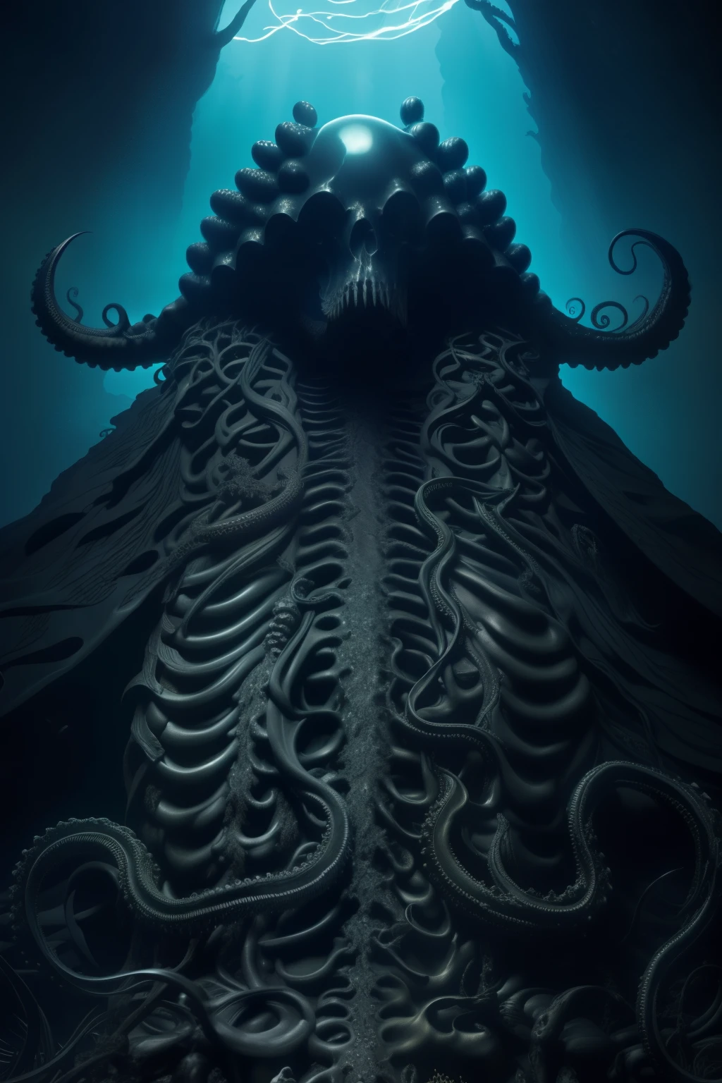 Black white and dark blue theme, An astronaut is floating in dark space and emitting a black slime like claws, Black slime, Black slime emating from him, a Skull instead of his face, Sci-fi, Skull , A feeling of terror, C4D, OC Viewer, Unreal Engine, High detail, Scary design, 8K HD, Scary ambient light, Space horror, Single settlement