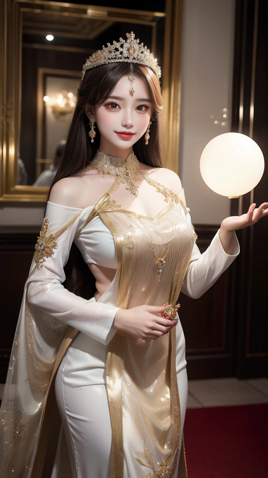 High-quality work，Realistic works，Super premium graphics，8K HD CG works，high quality graphics，High-definition and exquisite CG works，10x pixels，Ultra-fine details：1.1，Advanced technical details：1.1Realistic photo effects，Interior lighting effects：1.5，natural soft light：1.5. Light effect（Virtual light effects：1.8），ultra high resolution，shining dress，sliver long hair，silber hair，transparenthair，high detailed hair（Quality hair details：1.1）Clear eyes，Double eyelids look good，Sharp eye makeup, Create exquisite eyelash makeup, tthin eyebrows, Ultra-detailed eyes，a tall nose, lovely red lips, rosey cheeks, With delicate makeup on her face , pretty face, The face shape is perfectly proportioned,（Advanced facial details：1.1）(masterpiece、highest quality、highest quality、Official Art、Beautiful and aesthetic:1.2)、(One girl:1.3)、Very detailed、(fractal art:1.1)、(colorful:1.1)(flower:1.3)、Most detailed、(Zentangle:1.2)、(Dynamic pose)、(Abstract Background:1.3)、(China dress:1.2)、(Shiny skin)、(Many colors:1.4)、、(Earrings:1.4)、，Women's artwork，Dress full body video，Realism，Amazing Cleavage，My eyes are very bright today
