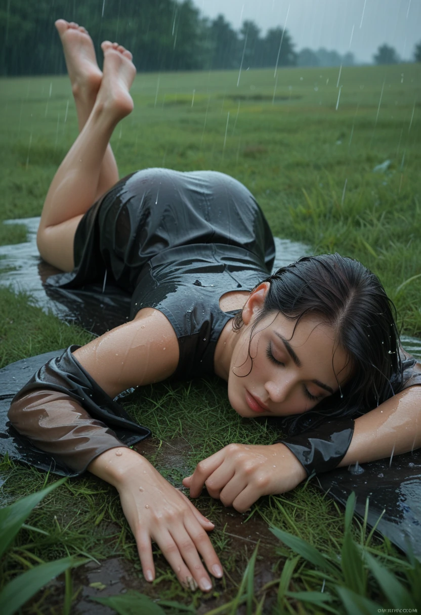 In the rain, lying on the ground with my hand on my