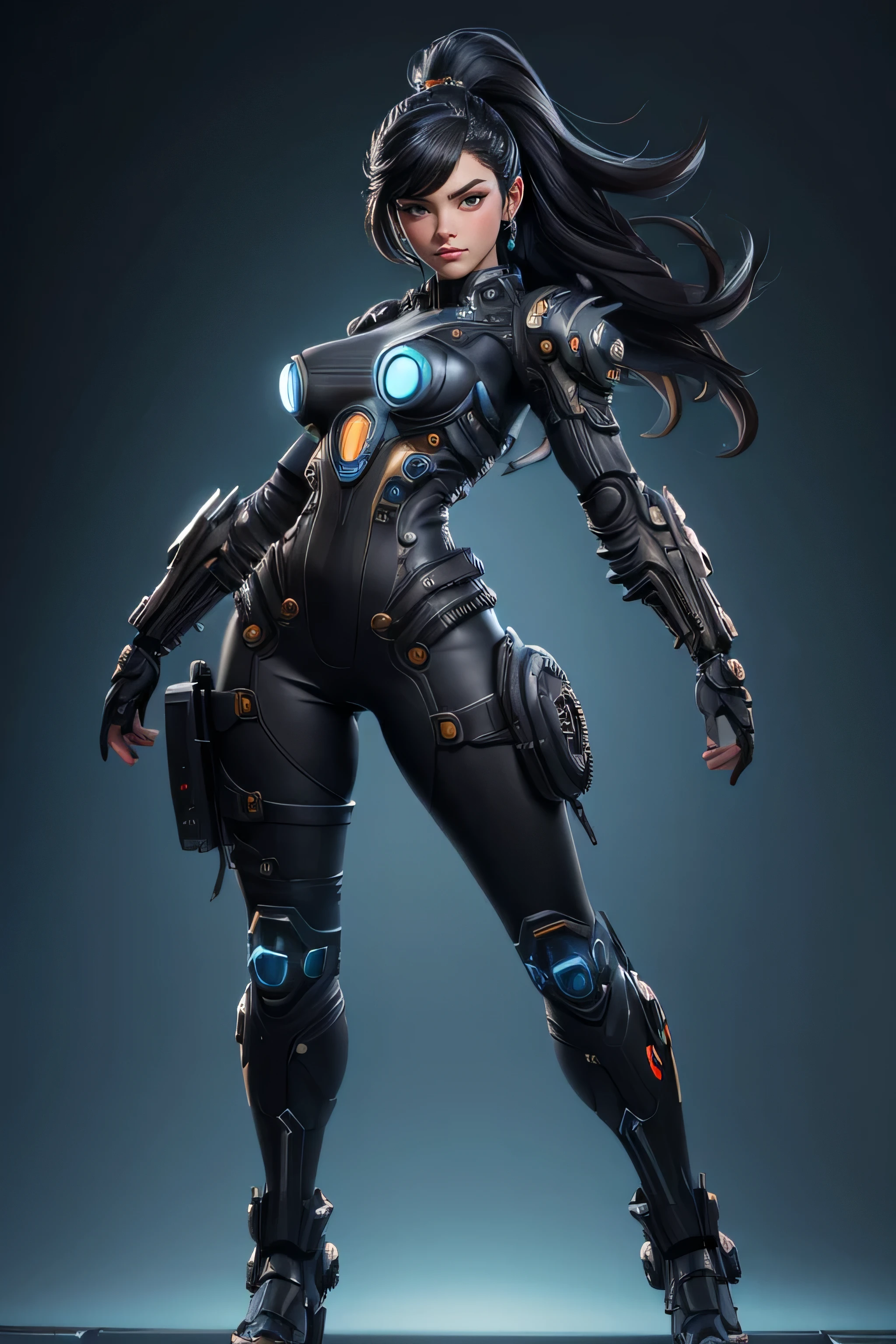  Woman futuristic costume ,  black hair , cyberpunk, magnificent anatomy ,  Dynamic Pose , face to the camera,  gears and bolts ,  mechanical engineering ,  composition epic character,  Natural lighting,  sharp focus,  ultra resolution , bottomless. 