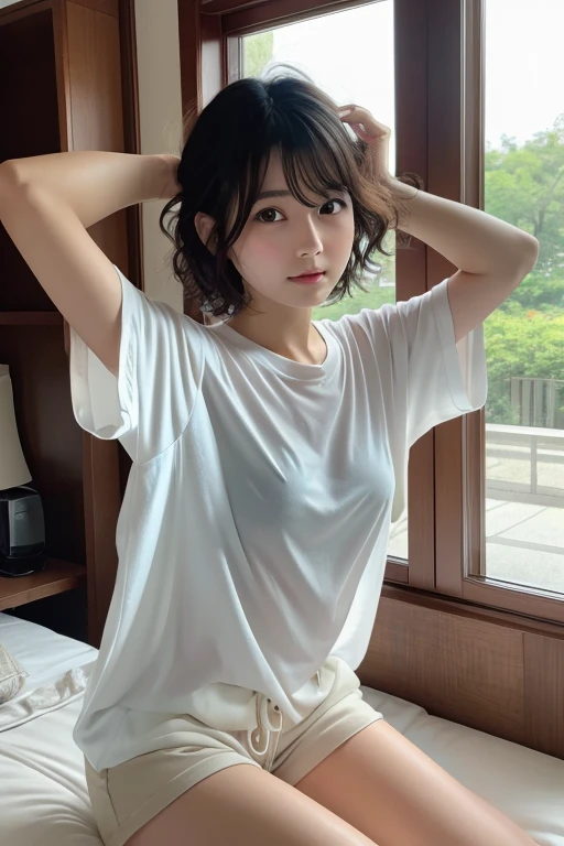 Beautiful girl playing with a puppy, 14 years old, (Highest quality:1.4), (Very detailed), (Very detailed美しい顔), sit, avert your eyes, smile, White T-shirt, Great face and eyes, iris, Medium Hair, The Beauty of Japan, (Skinny body type:1.3), (Flat Chest:1.3), (toy poodle:1.3),Smooth, Very detailed CG synthesis 8k wallpaper, High-resolution RAW color photos, Professional photography, Light, BackLight, dream-like, impressive, Written boundary depth, Bedroom, (Shooting from below:1.2)