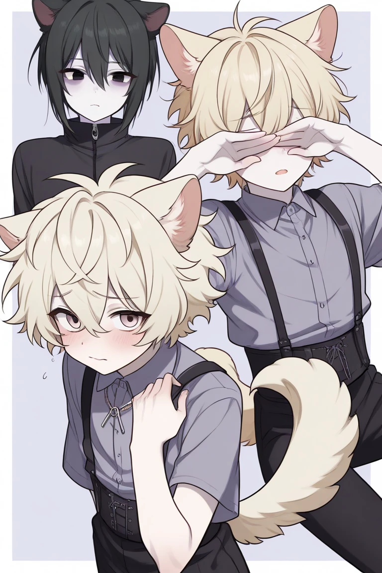 femboy-short-fluffy-messy-pale-blonde-hair-covering-eyes-flushed-and