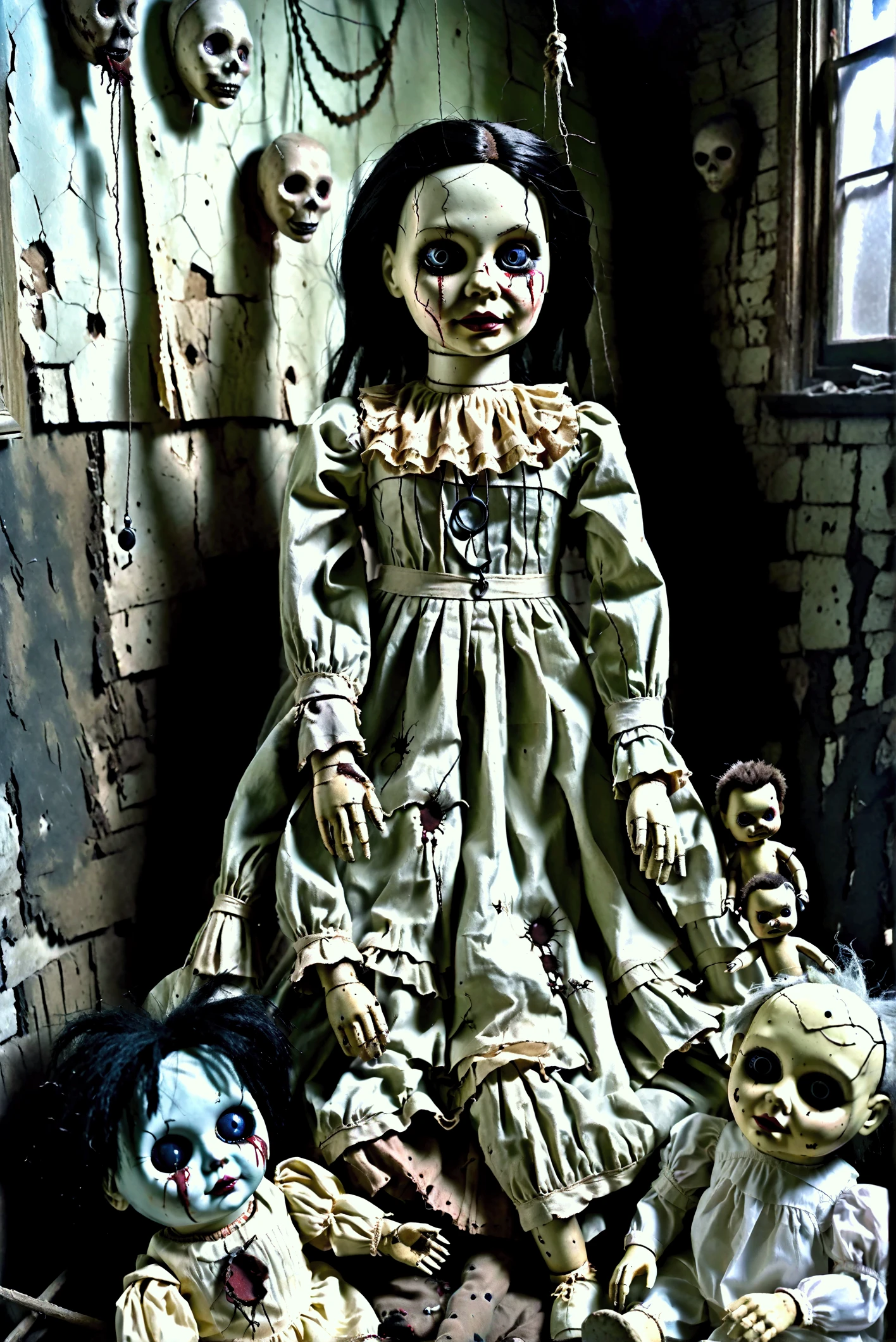 "A creepy, vintage doll with cracked porcelain skin and lifeless, glassy eyes. The doll wears a tattered, old-fashioned dress with lace trim, and its hair is disheveled and matted. It stands in a dimly lit, dusty room with cobwebs in the corners and peeling wallpaper. Shadows cast eerie shapes on the walls, and a single, flickering candle provides the only light, emphasizing the unsettling atmosphere. The doll's expression is haunting, with a sinister smile that sends chills down your spine