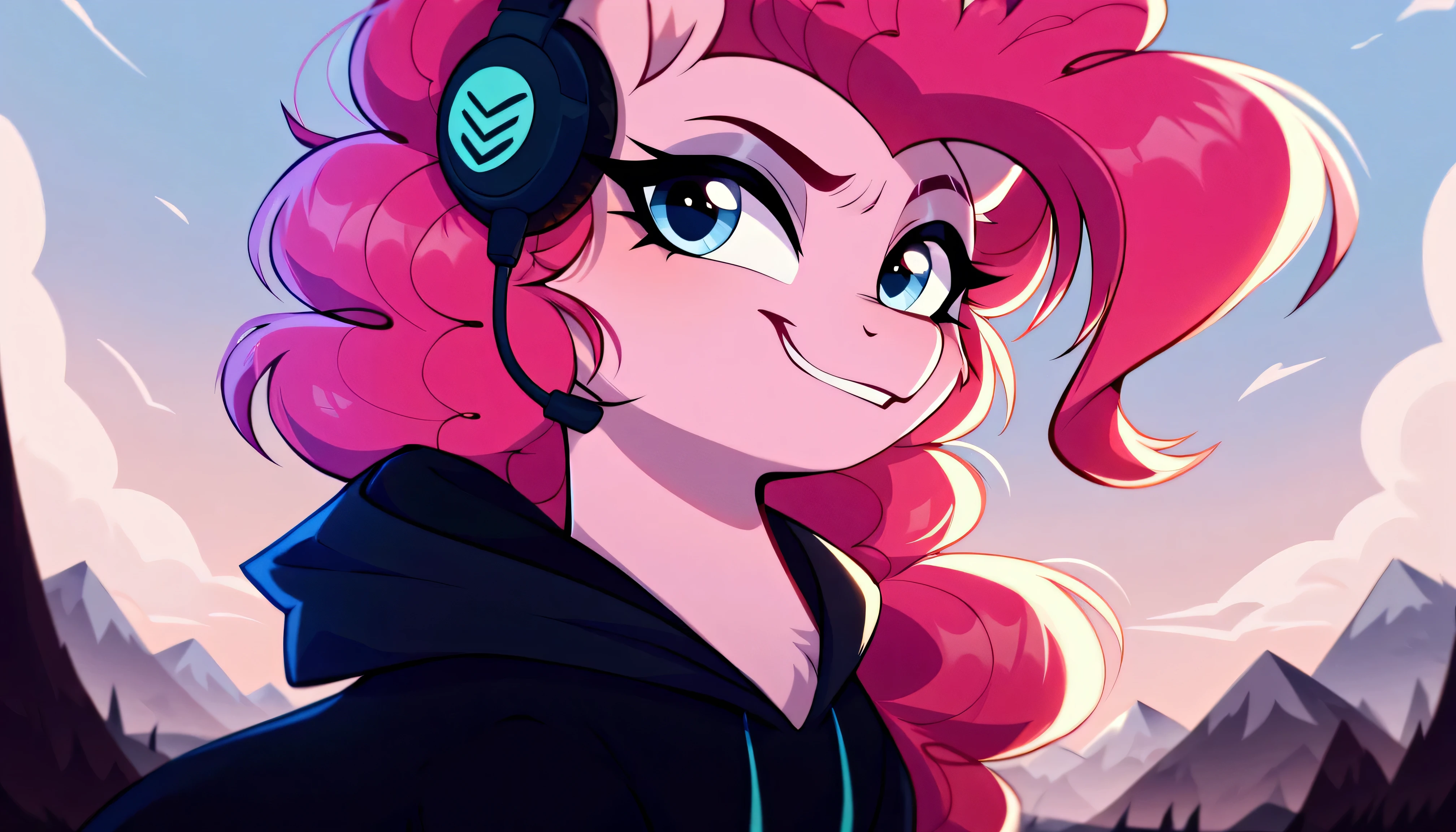 Score_9, Score_8_up, Score_7_up, Score_6_up, a serious earth pony, Pinkie Pie gamer from My Little Pony, depicted in a dark hoodie playing in a gamer chair looking at a screen where there are numbers that are 2025 with her back turned, where she is playing to the legendary 2D Geometry Dash game. Pinkie's mane flows in a colorful wavy pattern with shades of pink. She has her back to the frame with a neon gaming headset looking at the screen where she plays with a spoiled expression. The setting is a mountain with clouds. full body