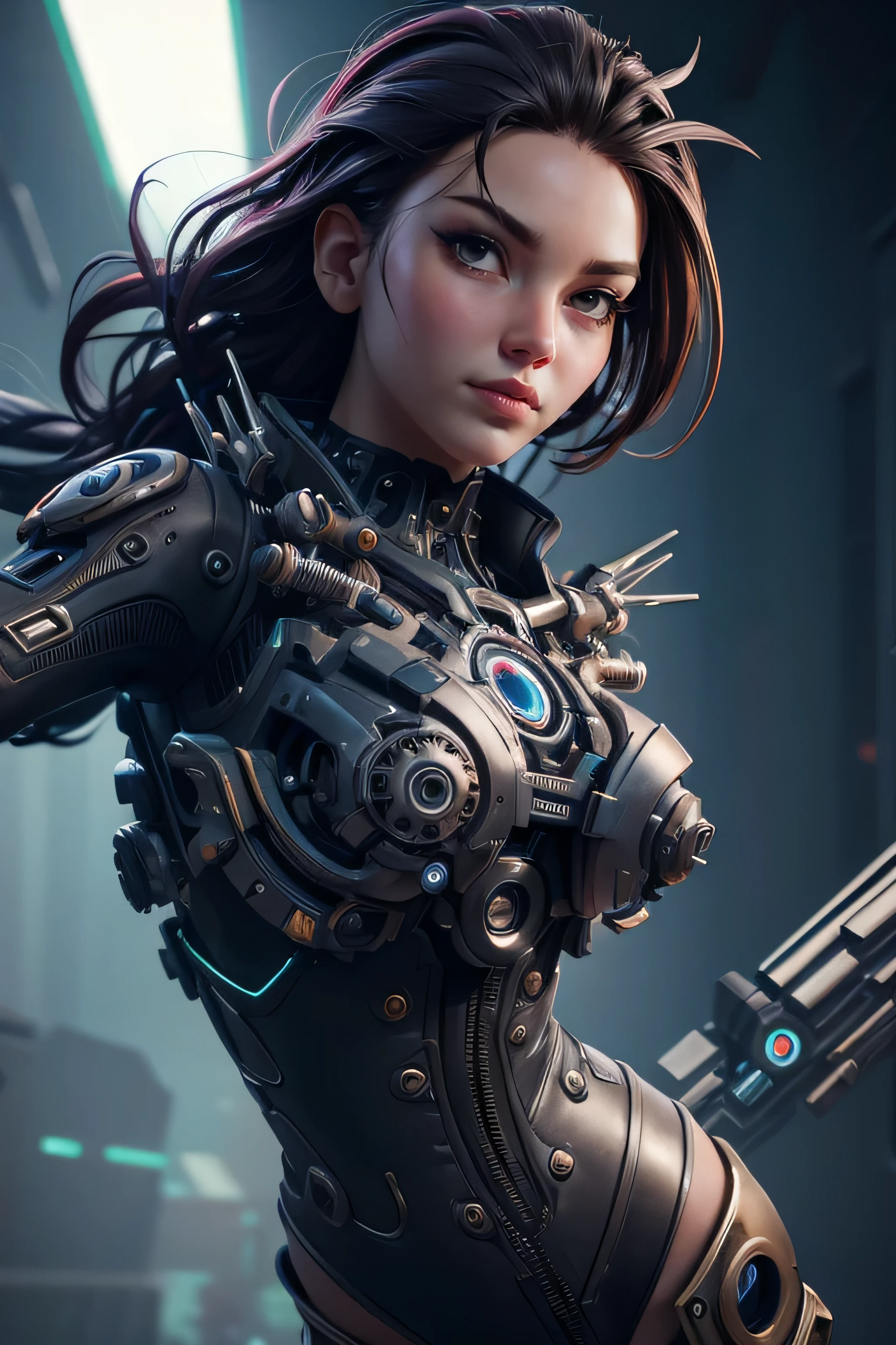 Woman futuristic costume , cyberpunk, magnificent anatomy ,  Dynamic Pose , face to the camera,  gears and bolts ,  mechanical engineering ,  composition epic character,  Natural lighting,  sharp focus,  ultra resolution , bottomless. 