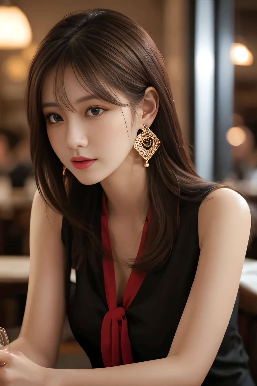 masterpiece, highest quality, Realistic, Very detailed, Finer details, High resolution, 8k wallpaper, One beautiful woman, Wear a black see-through shirt, In a great restaurant, At night, Light brown shaggy haircut, Perfect dynamic composition, Beautiful and beautiful eyes、Big earrings