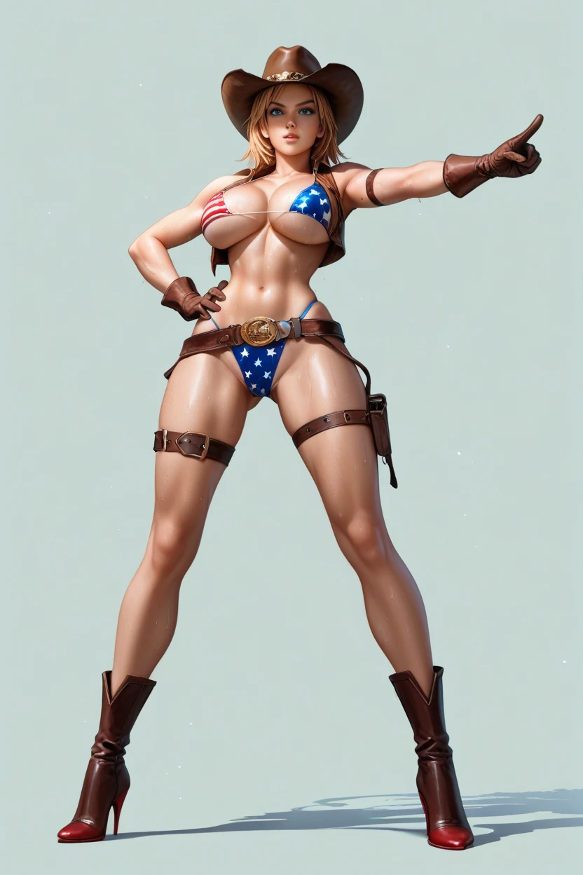 masterpiece,best quality,extreme detail,8k,white background,<lora:tina:0.7>,tina2,1girl,solo,long hair,breasts,looking at viewer,smile,blue eyes,blonde hair,large breasts,gloves,hat,navel,cleavage,collarbone,swimsuit,bikini,thighs,parted lips,shiny,star (symbol),lips,hand on hip,shiny skin,side-tie bikini bottom,highleg,brown gloves,highleg swimsuit,highleg bikini,flag print,cowboy hat,american flag bikini,wide hips,